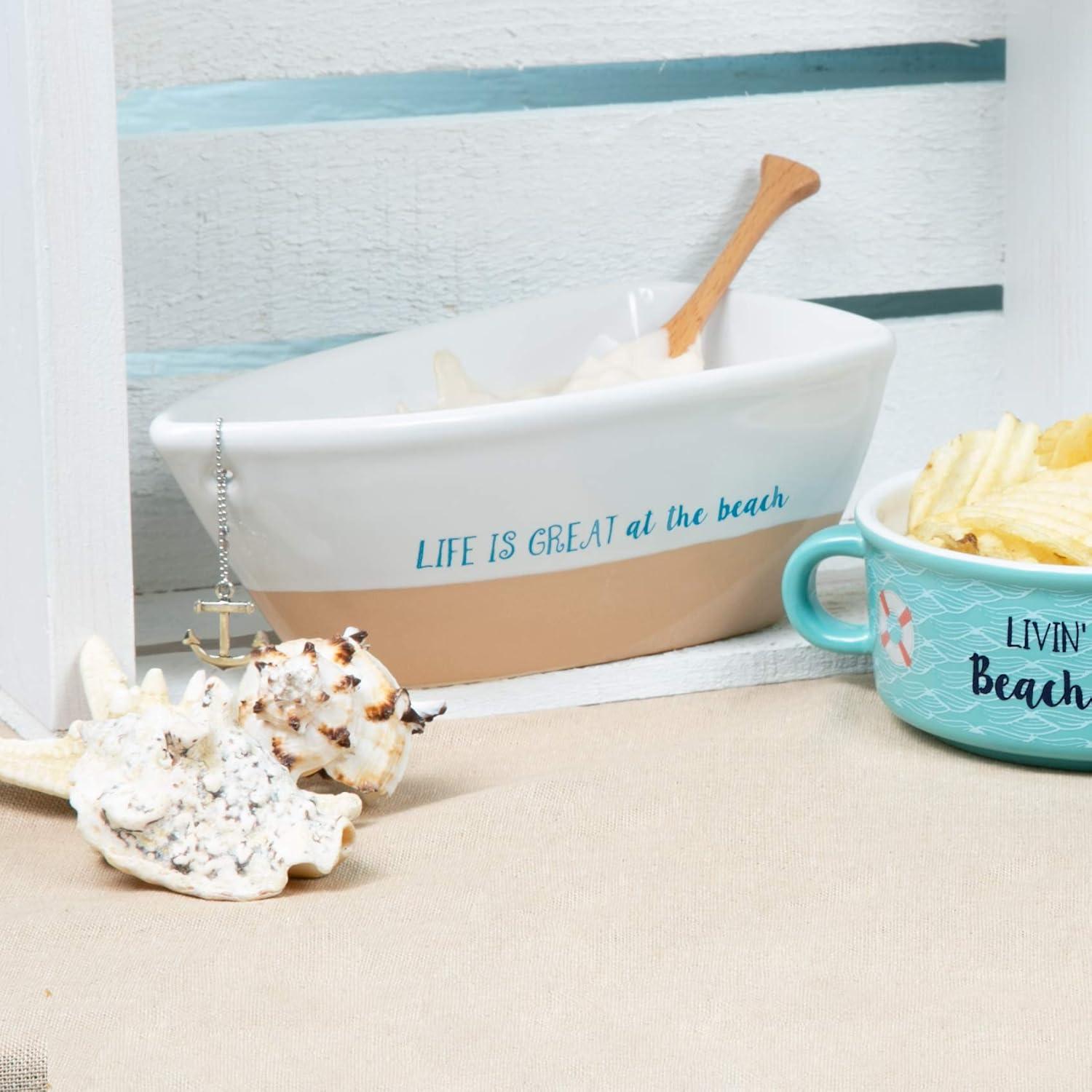 Pavilion Gift Company 12 Oz Stoneware Boat Dish Server With Wooden Oar Scoop Life Is At The Beach, Beige