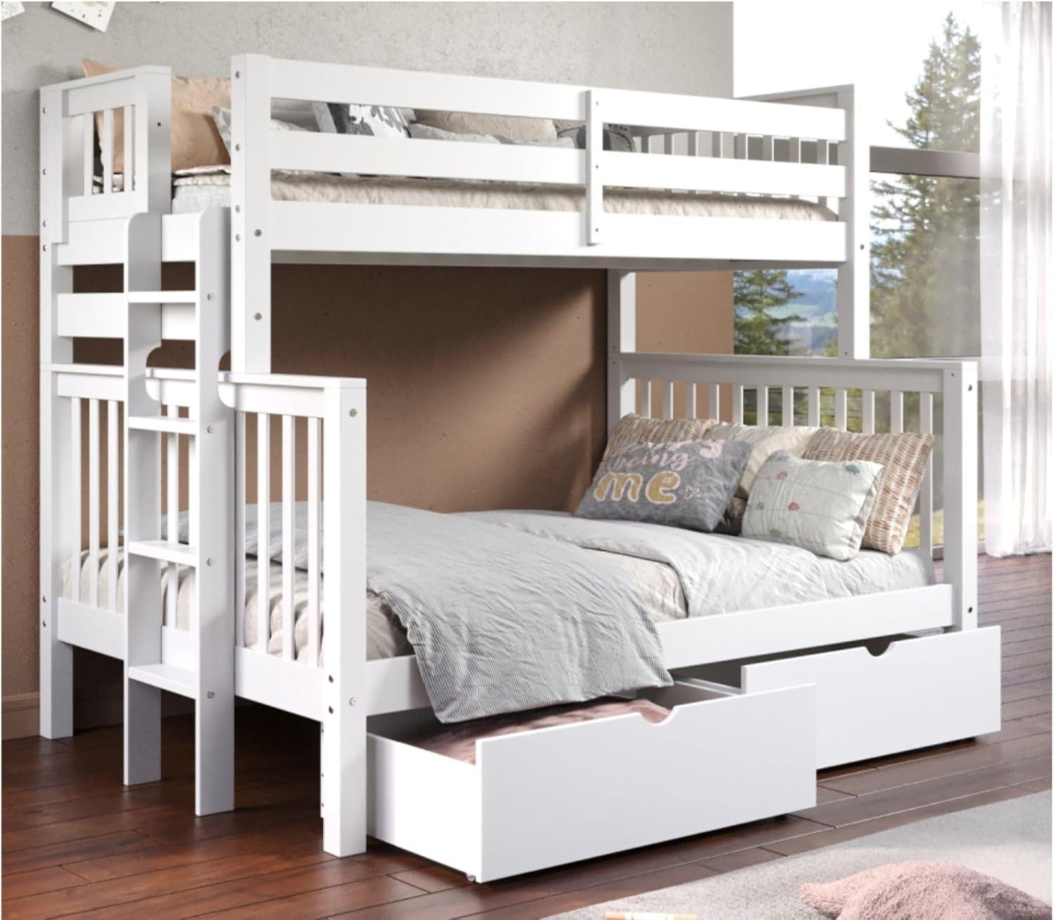 Bedz King Bunk Beds Twin over Full Mission Style with End Ladder and 2 Under Bed Drawers, White