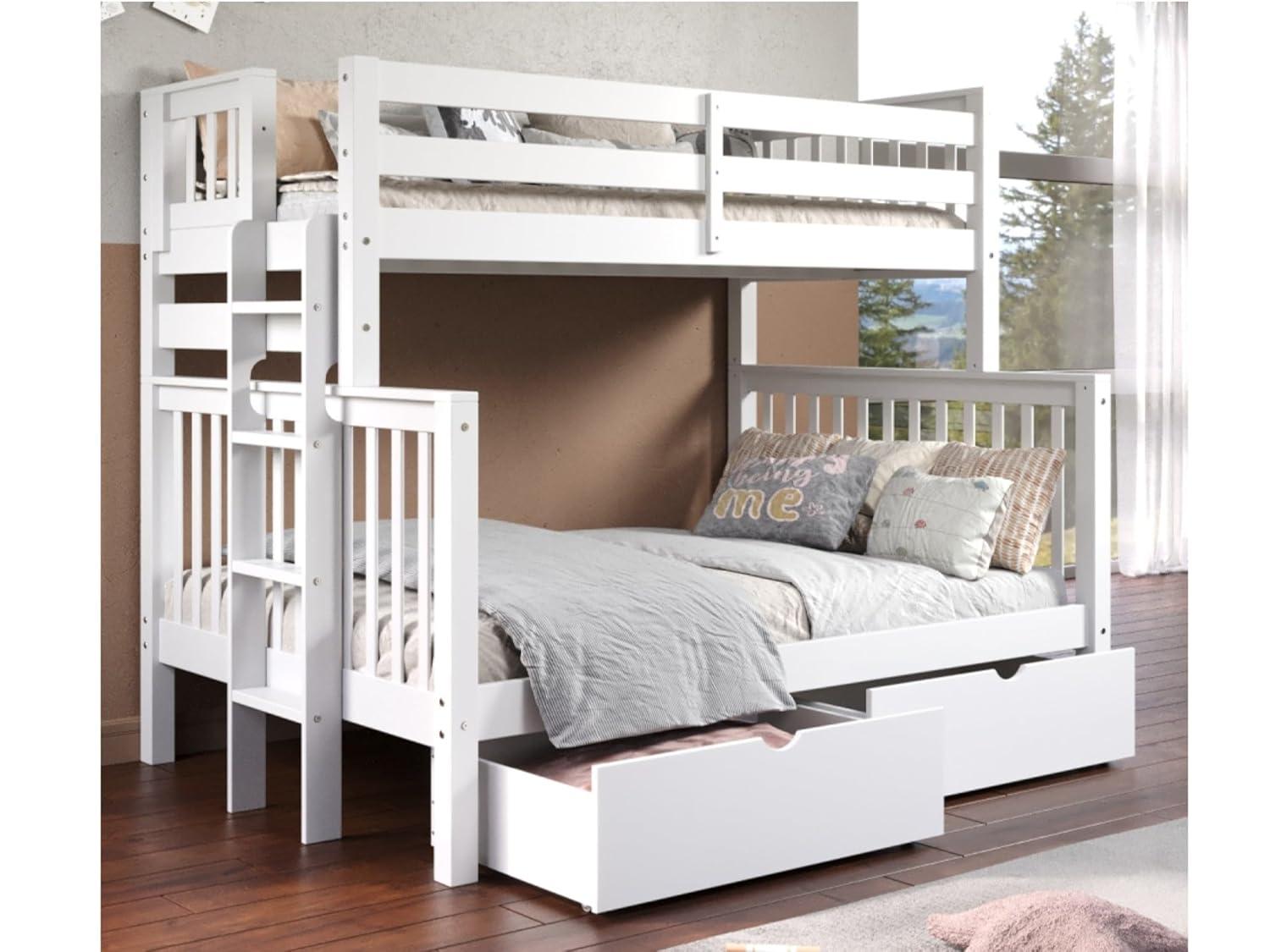 Bedz King Bunk Beds Twin over Full Mission Style with End Ladder and 2 Under Bed Drawers, White