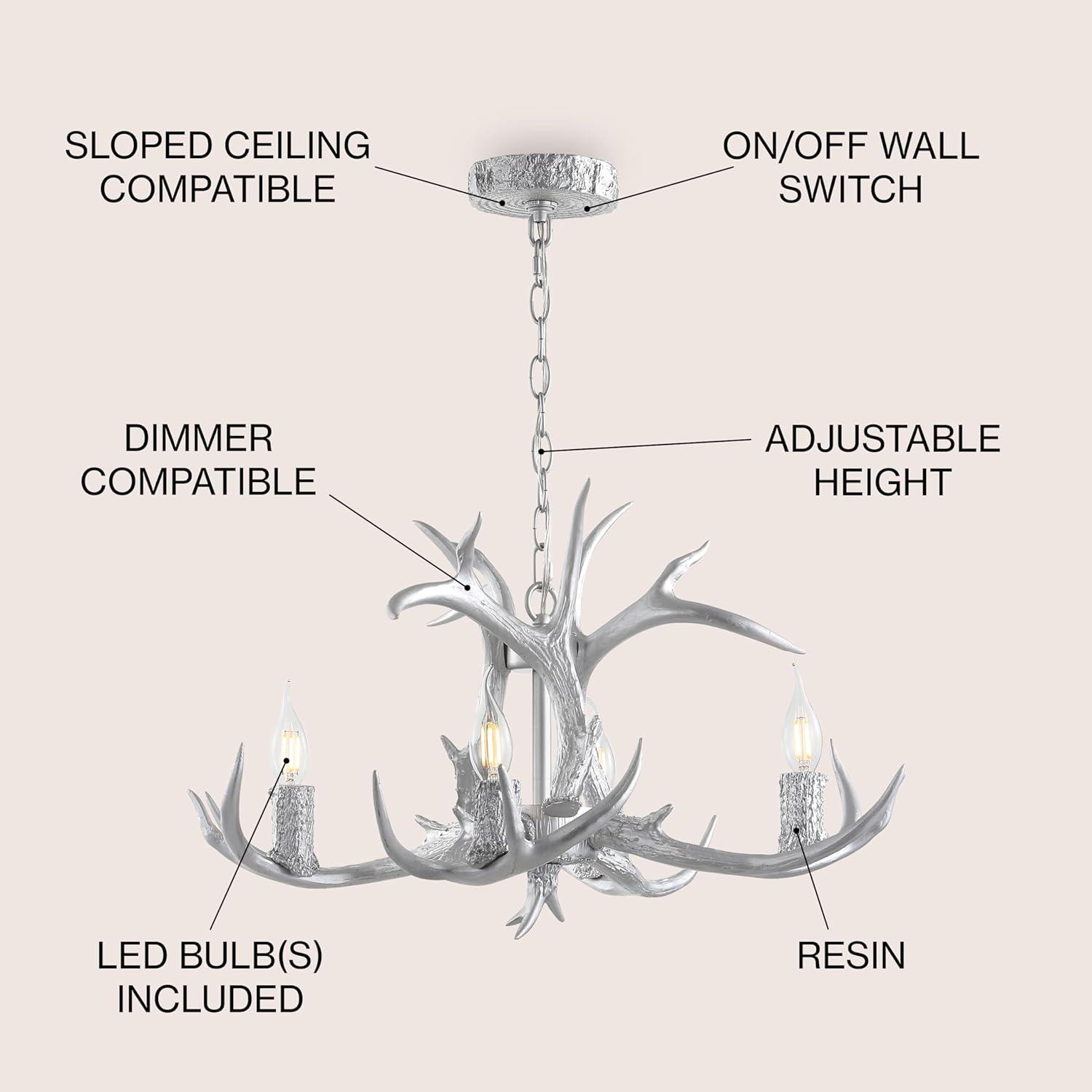 Eldora 26" Adjustable Resin Antler 4-Light LED Chandelier, Silver