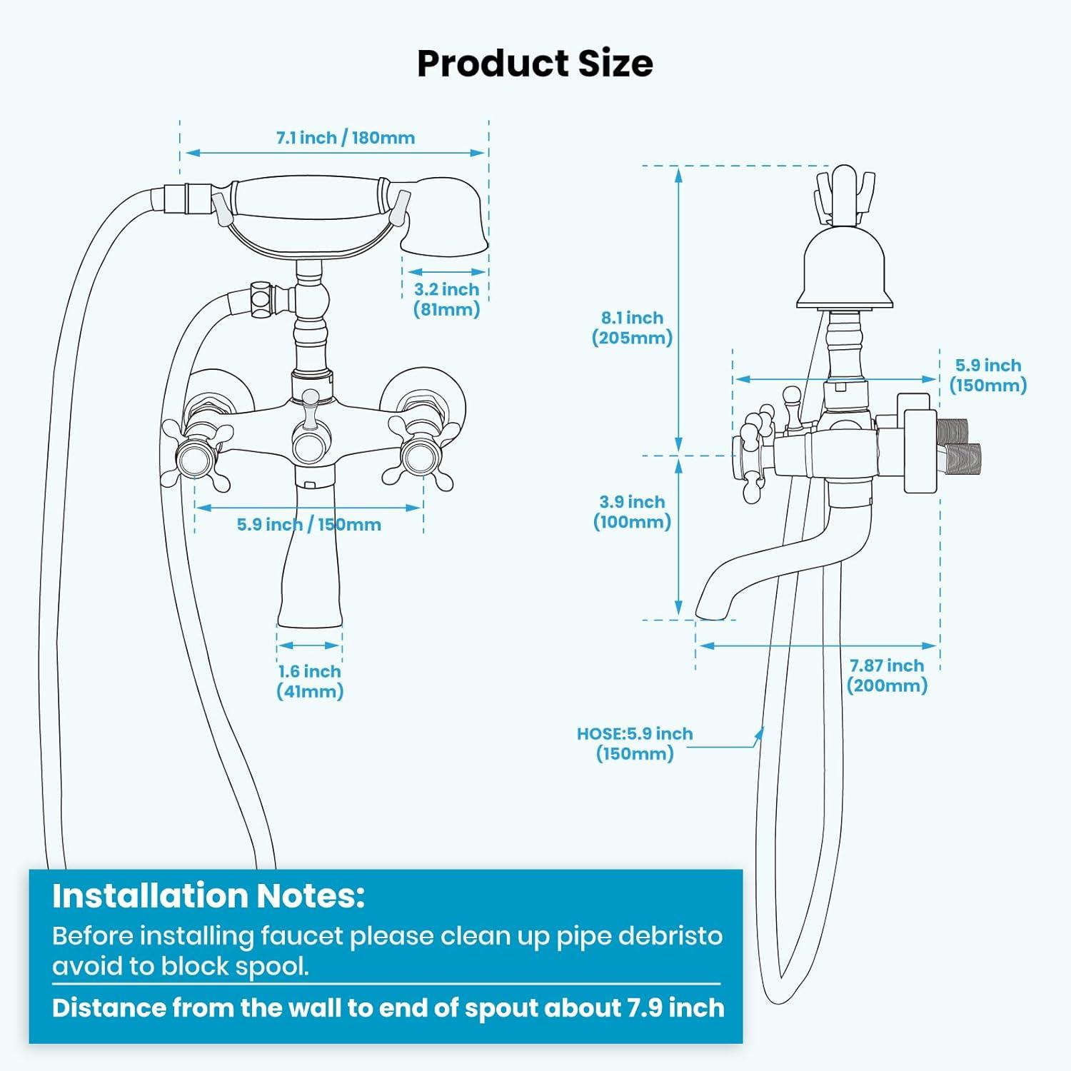 2 Handle Wall Mounted Clawfoot Tub Faucet