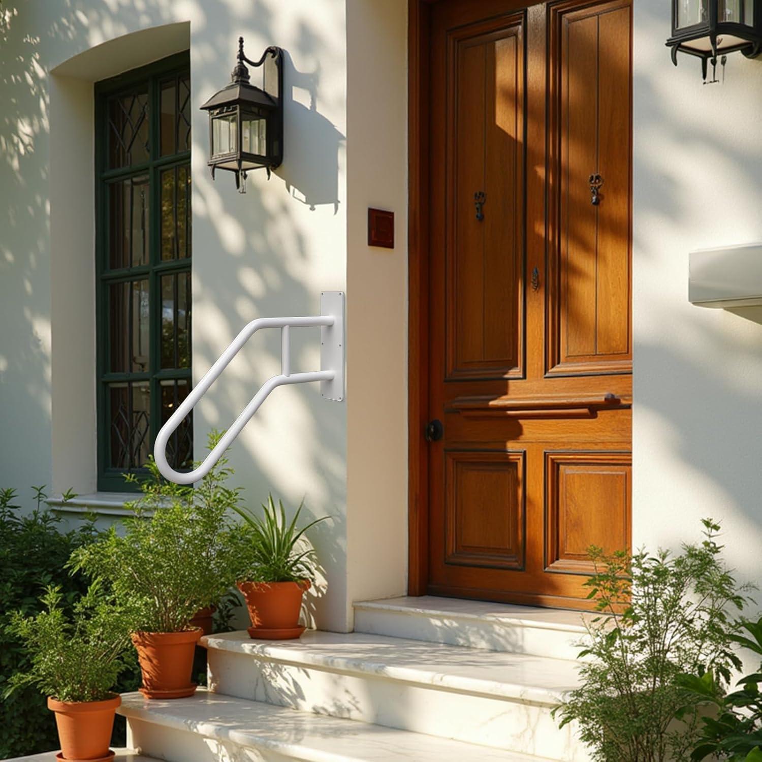 28.7” Safety Grab Bars for Stairs, Handrail for Outdoor Steps, U-Shaped Railings for 1-3 Steps, Stainless Steel Garage Railing for Garden,Yard Garage Interior or Exterior Stairway,White