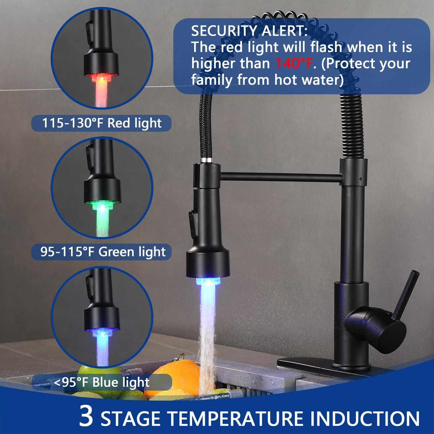 Kitchen Sink Faucet, Pull Down Spring Single Handle Stainless Steel Faucet with Sprayer with LED Light for bar Laundry and Utility Sink faucets (Matte Black)