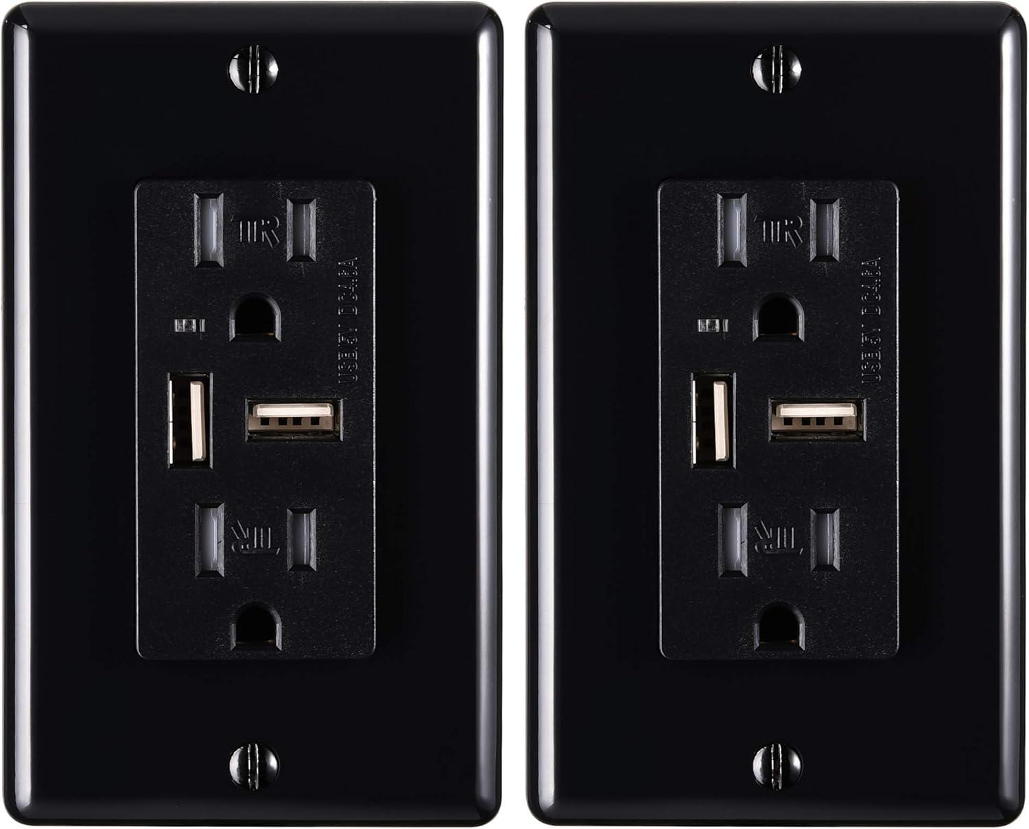 Faith 4.6A USB Outlet and 15A Decorator Tamper-Resistant Duplex Receptacle with Wall Plate, Black, 2-Pack