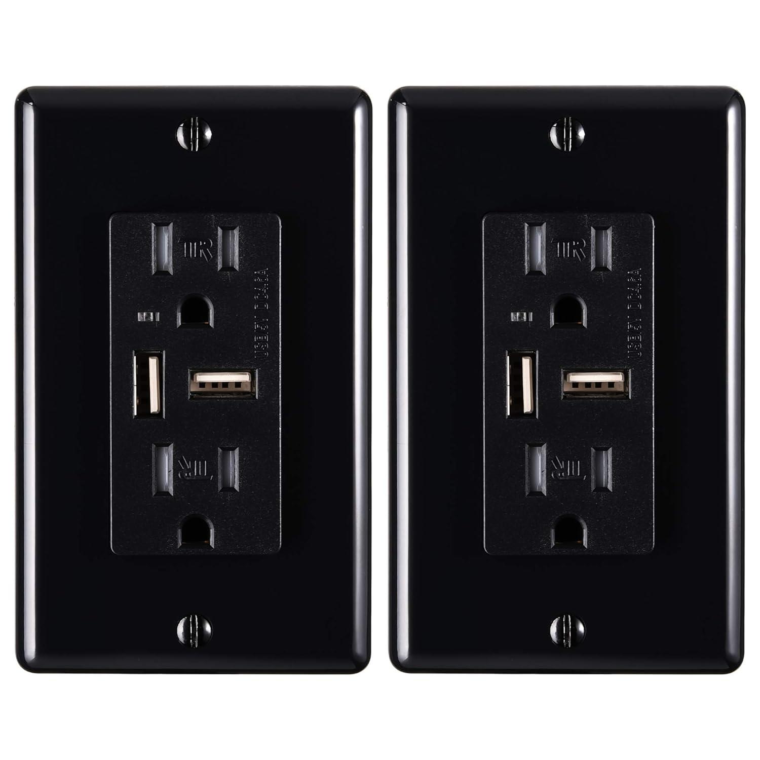 Faith 4.6A USB Outlet and 15A Decorator Tamper-Resistant Duplex Receptacle with Wall Plate, Black, 2-Pack