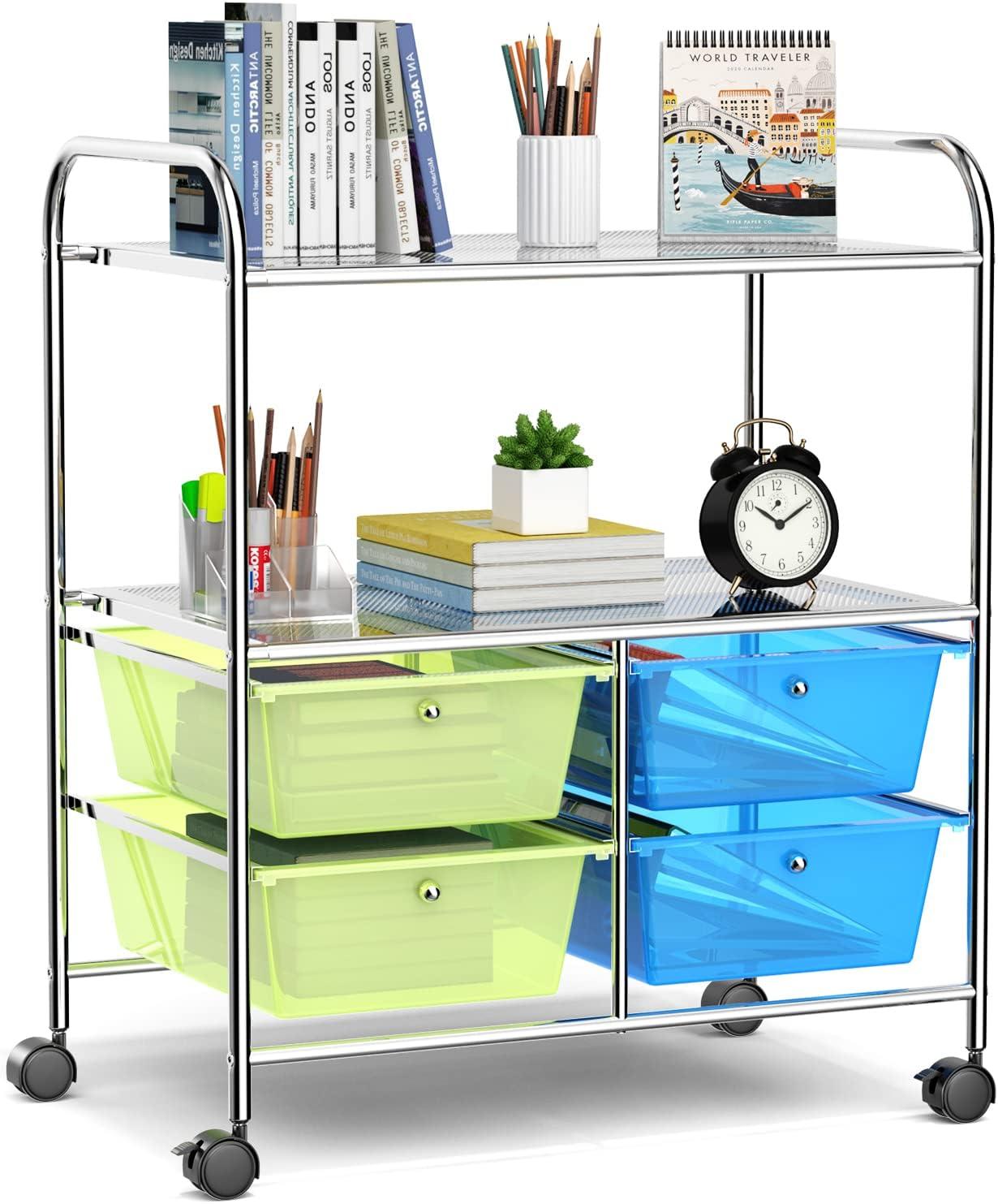Costway 4 Drawers Rolling Storage Cart Metal Rack Shelf Home Office Furniture 2 Shelves