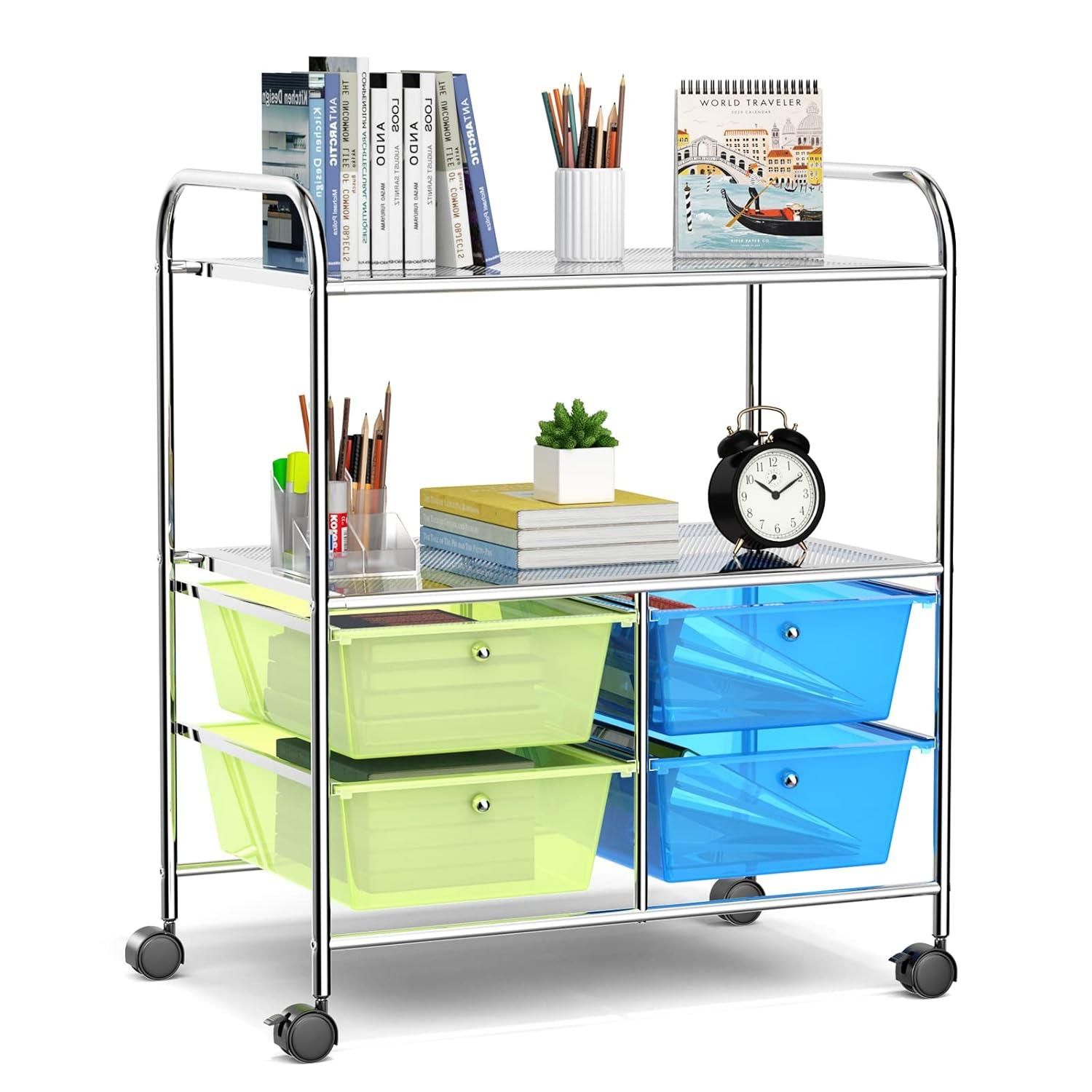 Costway 4 Drawers Rolling Storage Cart Metal Rack Shelf Home Office Furniture 2 Shelves