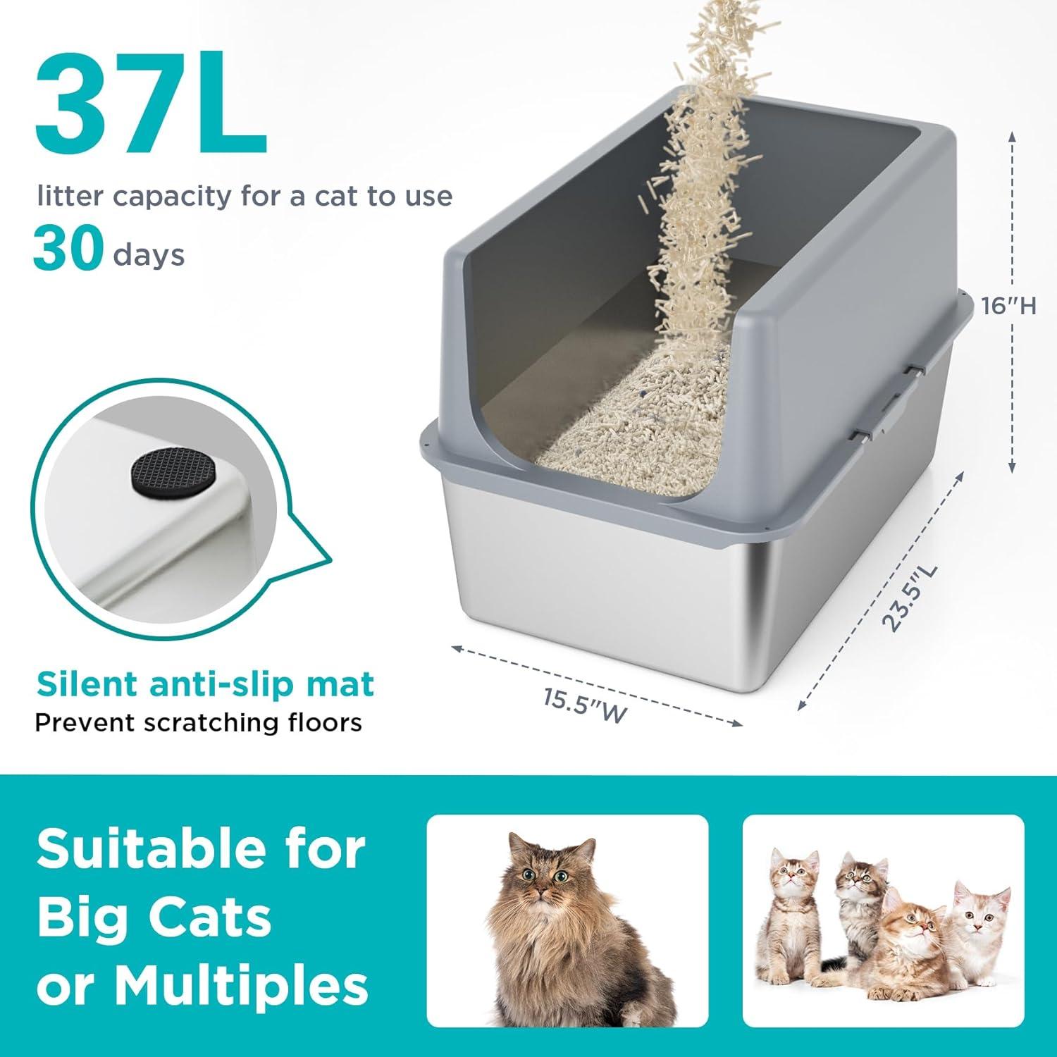 Enclosed Stainless Steel Cat Litter Box with Lid Extra Large Litter Box for Big Cats XL Metal Litter Pan Tray with High Wall Sides Enclosure, Non-Sticky, Anti-Leakage, Easy Cleaning