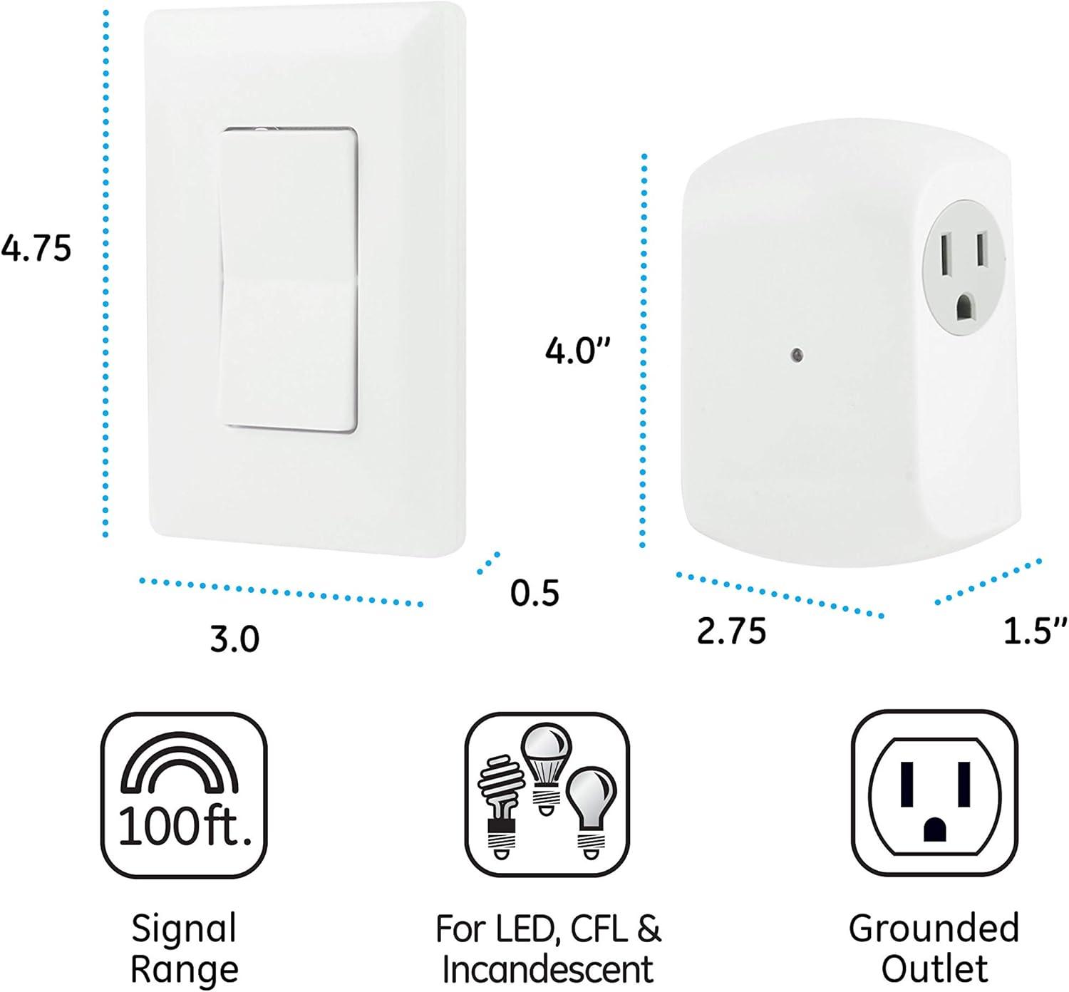 GE Wireless Light Control with Wall Switch, 1-Grounded Outlet, 18279