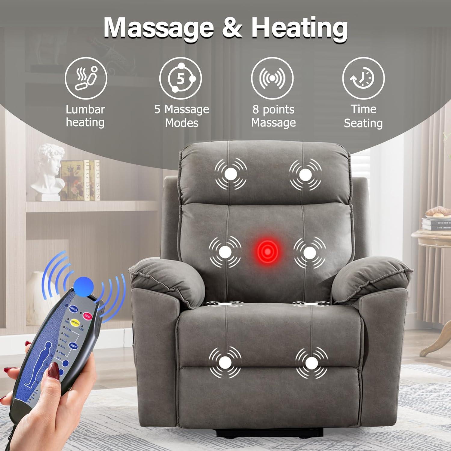 Phoenix Home Large Power Lift Recliner with Massage and Heat for Elderly, Heavy Duty & Safety Motion Reclining Mechanism, Ergonomic Electric Wider Chair with USB Port, 2 Hidden Cup Holders, Brown2