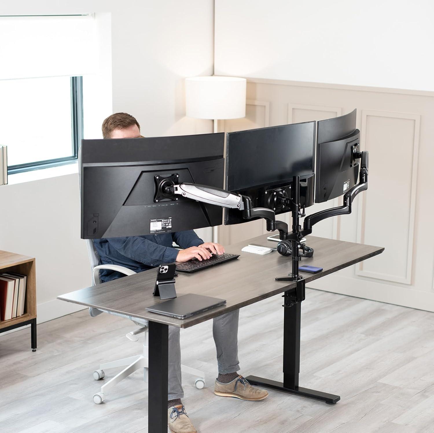 Black Triple Monitor Mount with Pneumatic Arms and C-Clamp