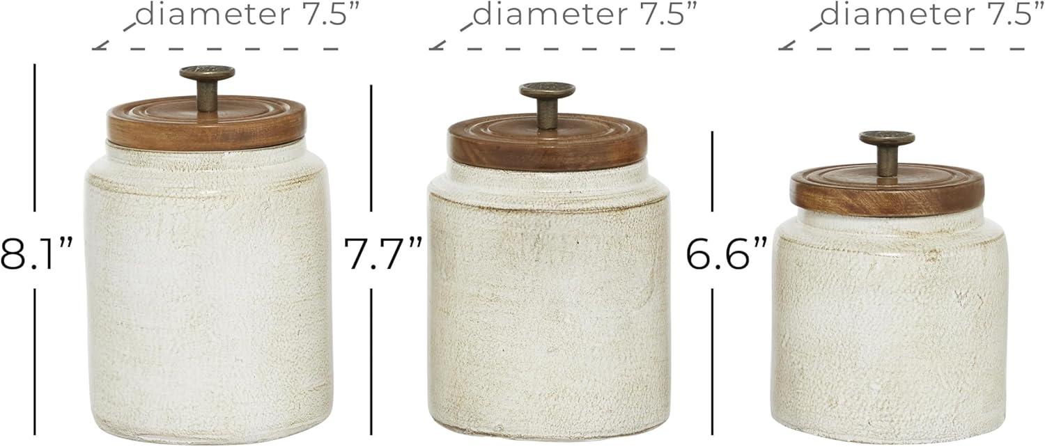 White Ceramic Decorative Jars with Wood Lids, Set of 3