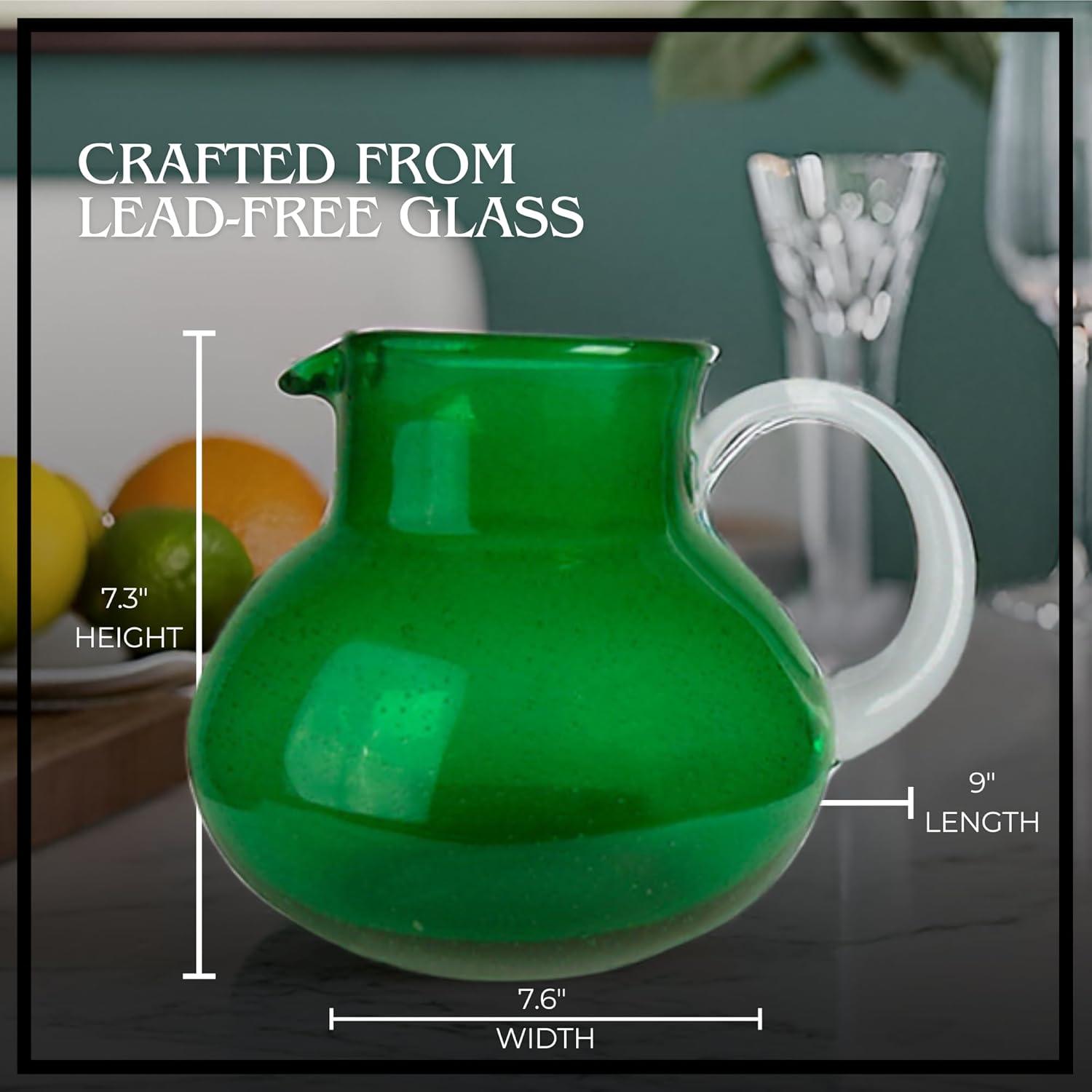 Artland Iris 90 Oz Handblown Glass Pitcher, Bubble Shape, Lead-Free, Versatile Drink Dispenser for Water, Juice, Cocktails, Dishwasher Safe - Green