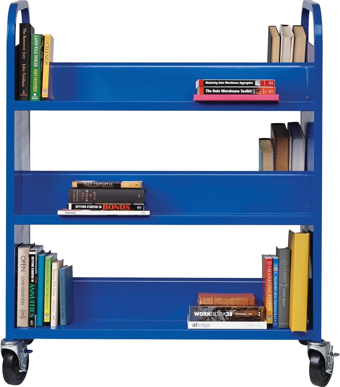 Lorell Double-sided Book Cart 6 Shelf - Round Handle - 5" Caster Size - Steel - x 38" Width x 18" Depth x 46.3" Height - Blue - 1 Each