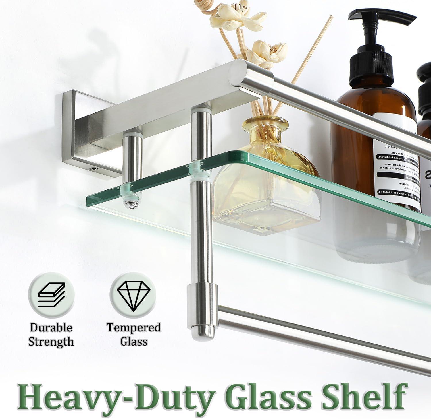 Alise Bathroom Glass Shelf Wall Mounted, Tempered Glass Bathroom Shelf with Towel Bar, SUS304 Stainless Steel Modern Floating Shelf, Brushed Nickel, 20 inch