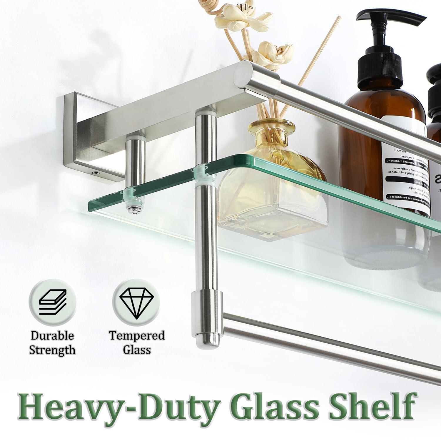 Alise Bathroom Glass Shelf Wall Mounted, Tempered Glass Bathroom Shelf with Towel Bar, SUS304 Stainless Steel Modern Floating Shelf, Brushed Nickel, 20 inch