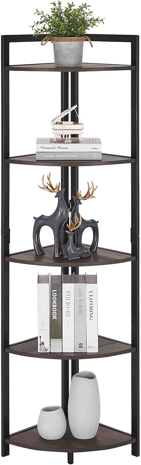 Walnut Brown 5-Tier Industrial Corner Bookshelf with Metal Frame