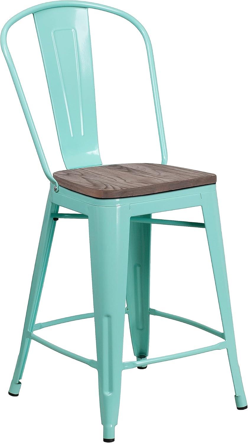 Flash Furniture 24" High Metal Counter Height Stool with Back and Wood Seat