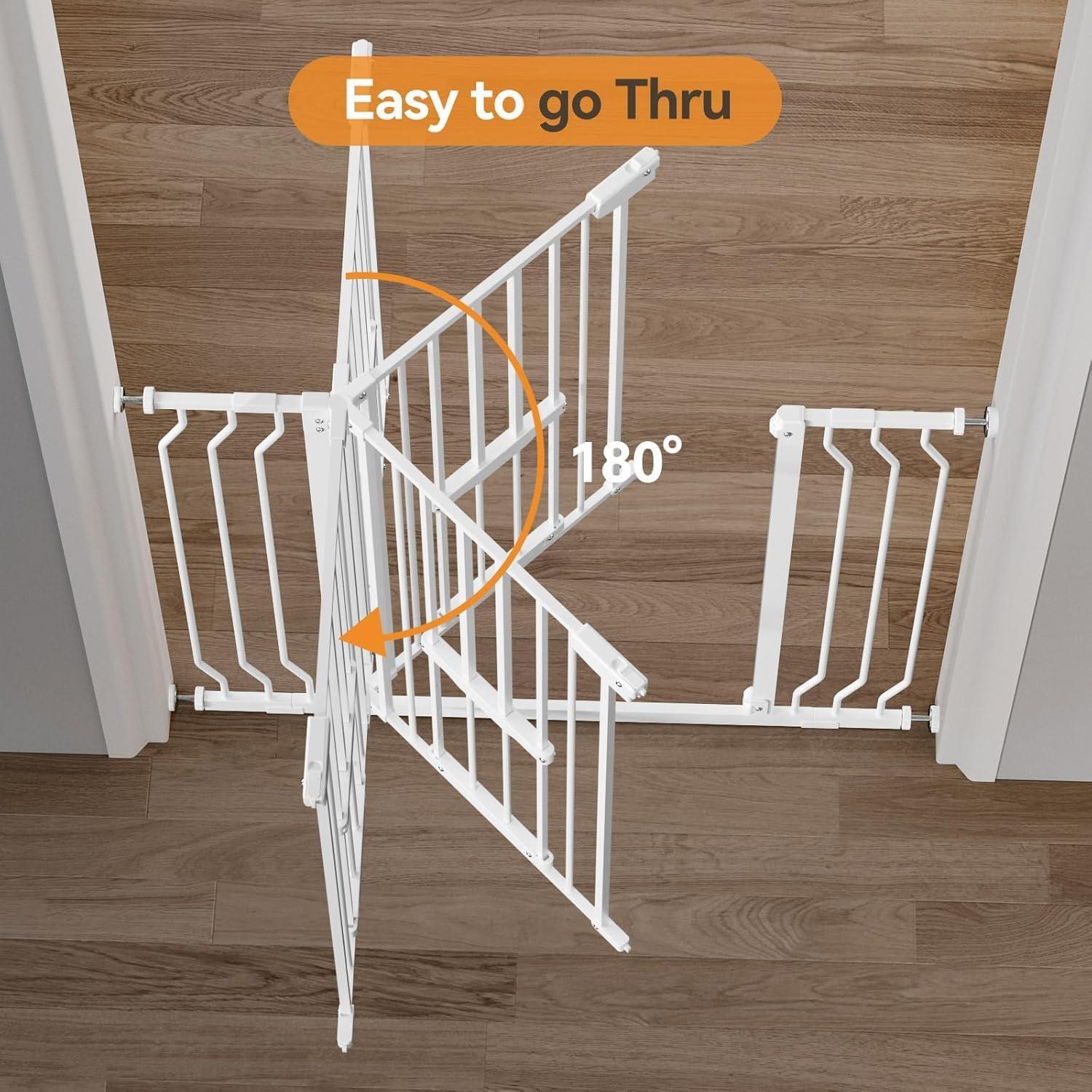 Baby Gates with Cat Door - Auto Close 29.5"-48.4" Safety Metal Dog Pet Gate for Doorway, Stairs, House, Walk Through Child Gate with Pet Door, includes 4 Wall Cups and 2 Extension Pieces