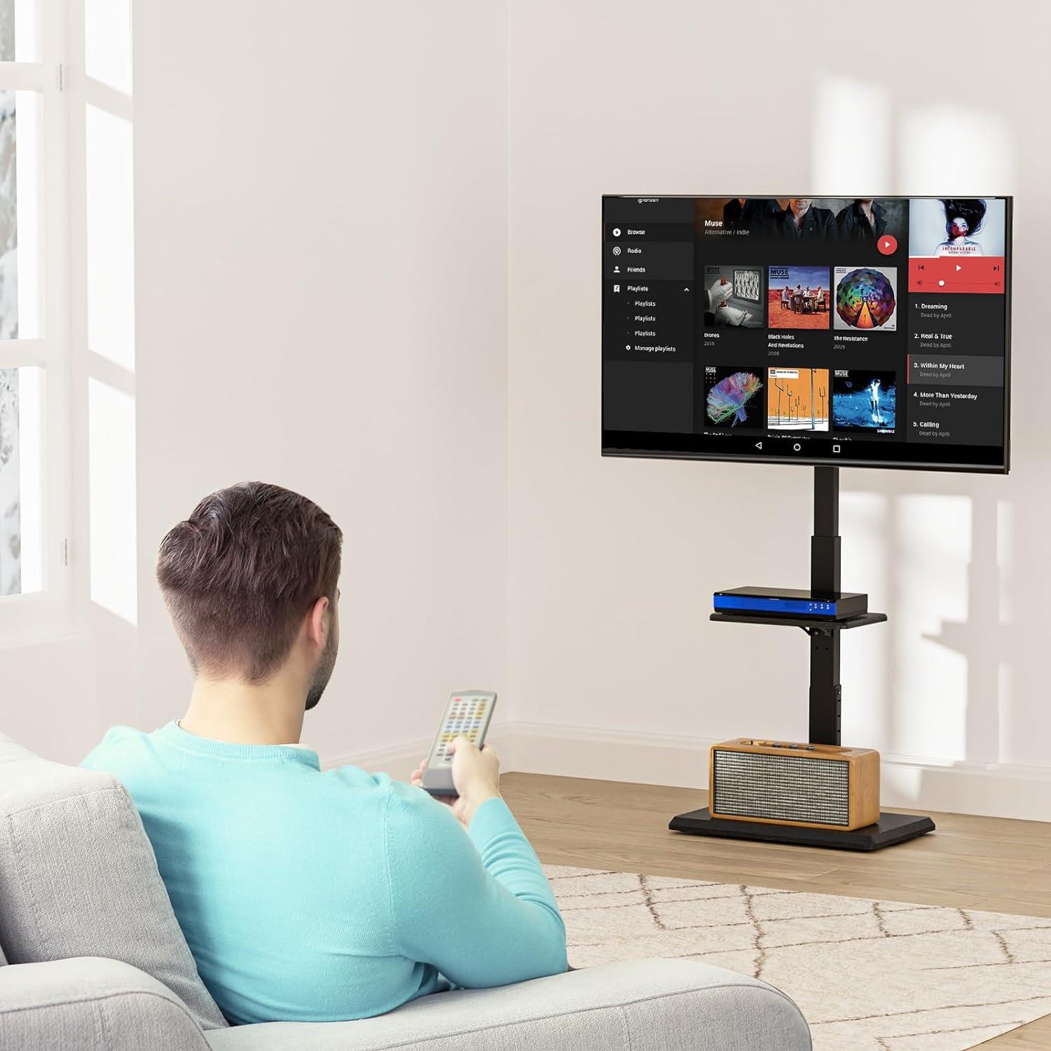 WALI Floor TV Stand with Power Outlet & AV Shelf, Tall TV Stand Mount for 32-75 inch TV up to 110 lbs, Swivel and Height Adjustable TV Stands with Wood Base for Bedroom, Office(TVDVD-6P), Black