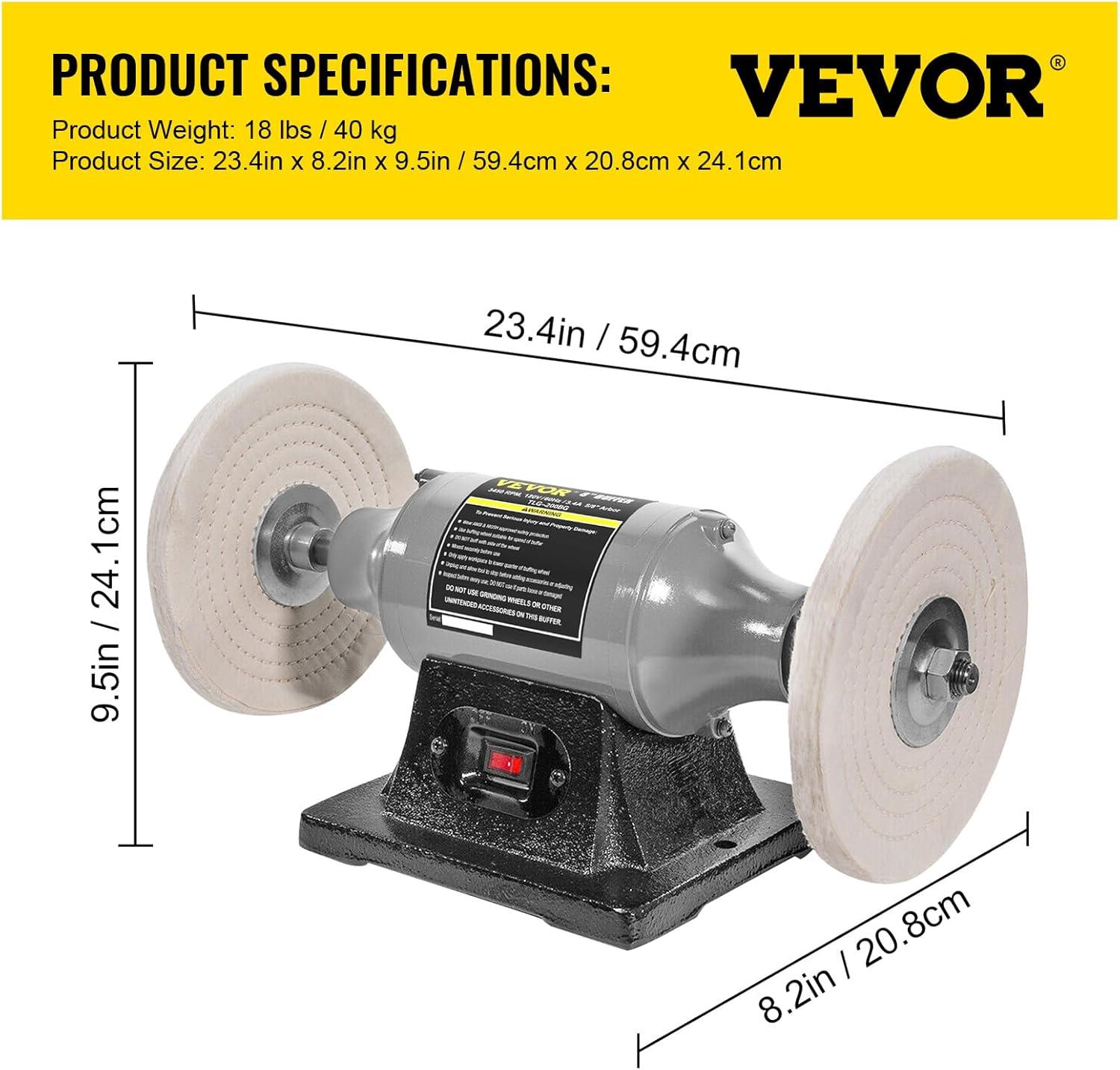 VEVOR Bench Buffer Polisher, 1/2HP Polishing Buffing Machine, 0 to 8000RPM Benchtop Polisher Grinder with 4" Cloth Wheel, 3" Grinding Wheel & 3" Fiber Wheel for Metal, Jewelry, Wood and Plastic