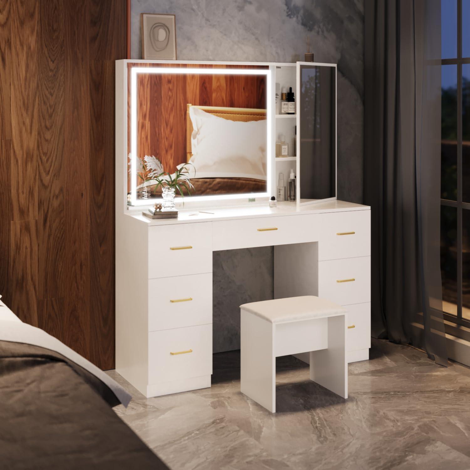 Vanity Desk with Lighted Mirror,Makeup Table with 7 Drawers,Wildhome Brand,Adult Age Group