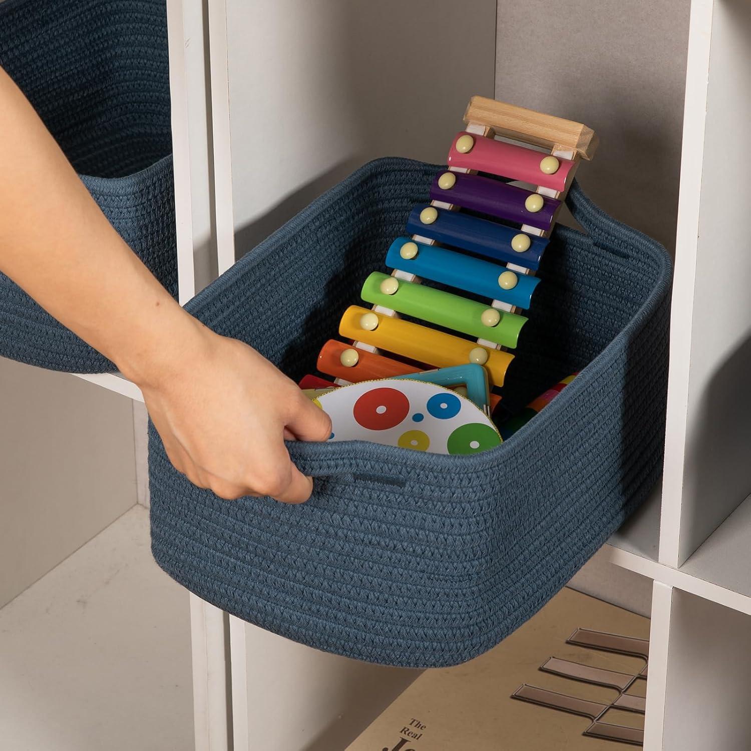 Design 3-Pack Storage Baskets for Shelves, Decorative Baskets for Organizing, Woven Baskets for Storage, Book Basket Cube Storage Bin Box, Pantry Closet and Shoe Organizers, Navy Blue