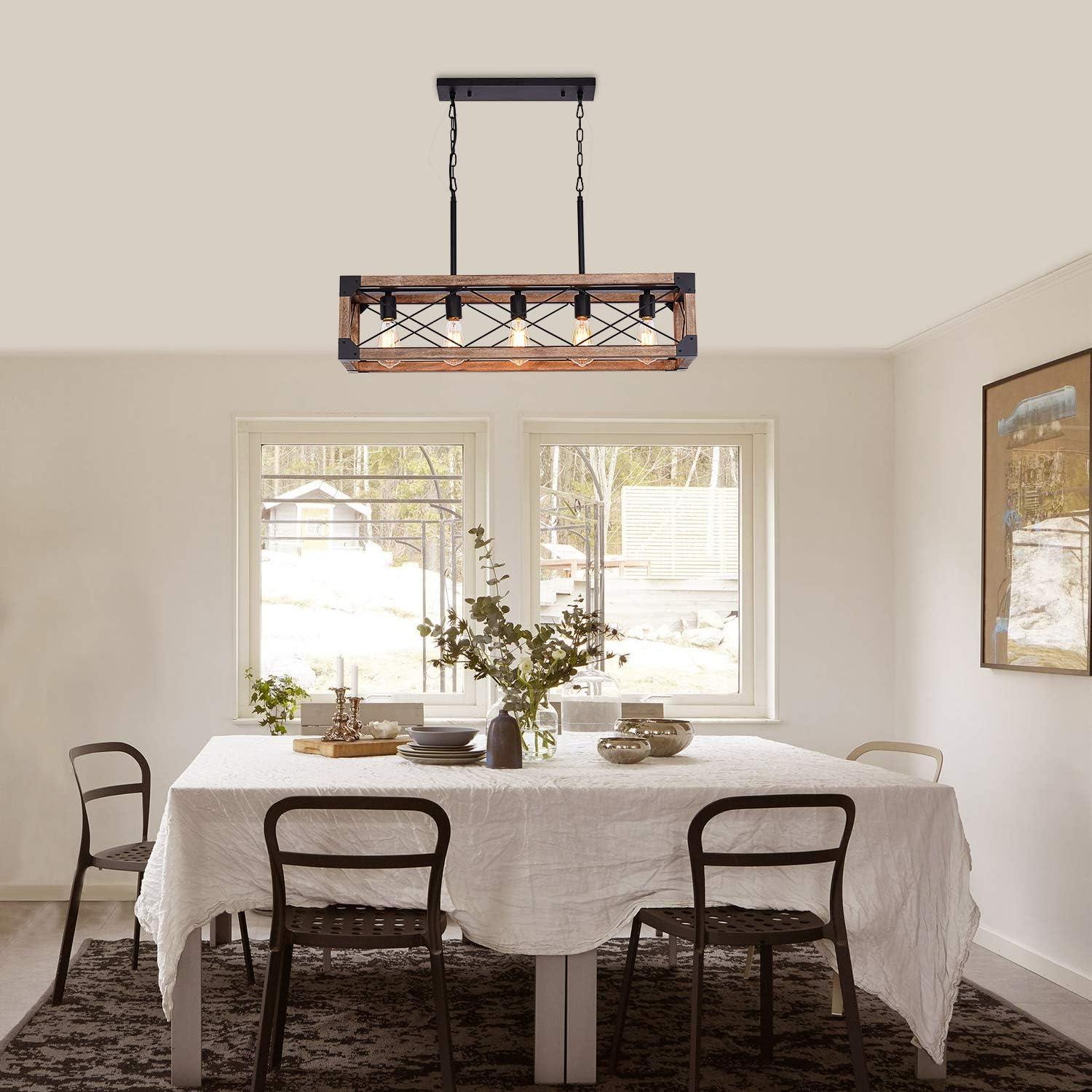 Bribyit Kitchen Island Lighting, 33.5-Inch 5 Lights Farmhouse Linear Chandelier for Dining Room Pool Table Pendant Light Fixture, Rustic Wood Grain Finish, Industrial Pendant Light