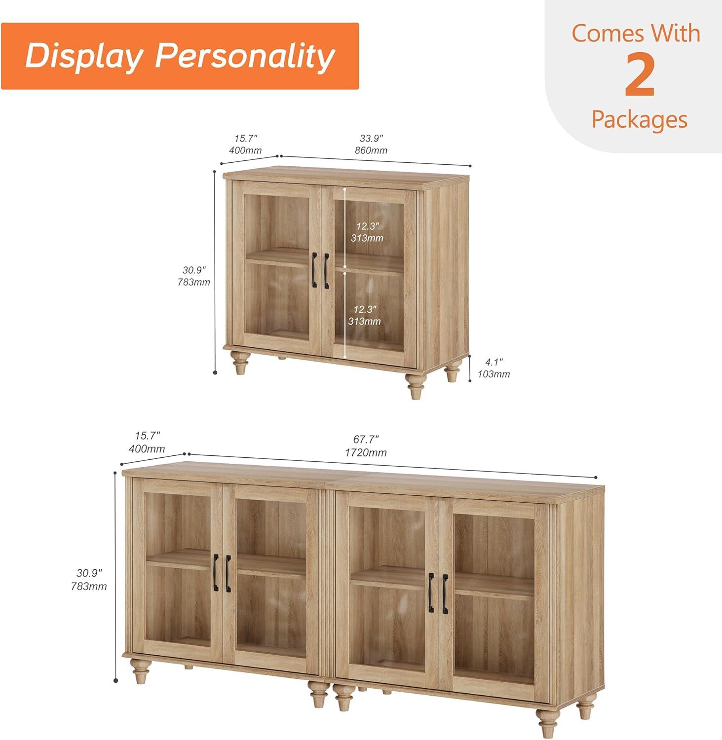 Oak 68'' Glass Door Sideboard Buffet Cabinet with Adjustable Shelf