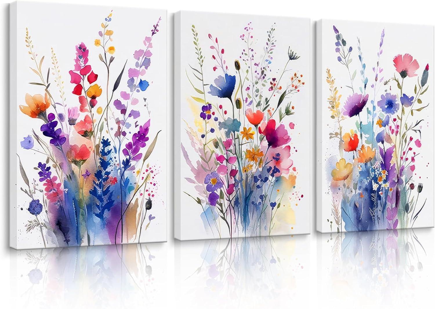 JRXY 3 Pcs Framed Watercolor Floral Botanical Canvas Wall Art Colorful Wildflower Plant Paintings Prints Posters 12x16 in