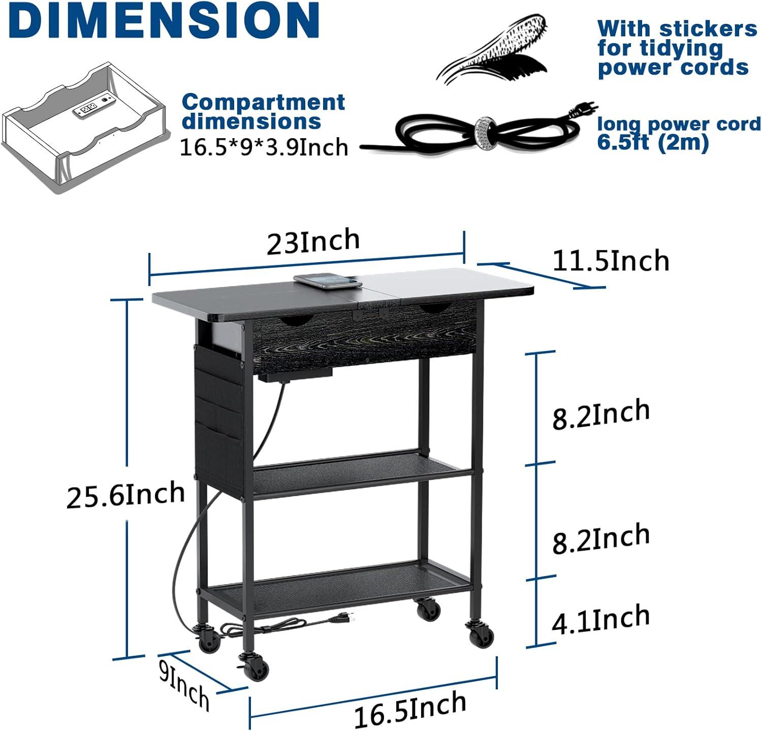 Slim Side Table Rolling End Table  with Charging Station and Wheels, with 2 USB Ports and 2 Outlets and Power Switch, Flip Top Nightstand with Storage Shelves for Small Space Black