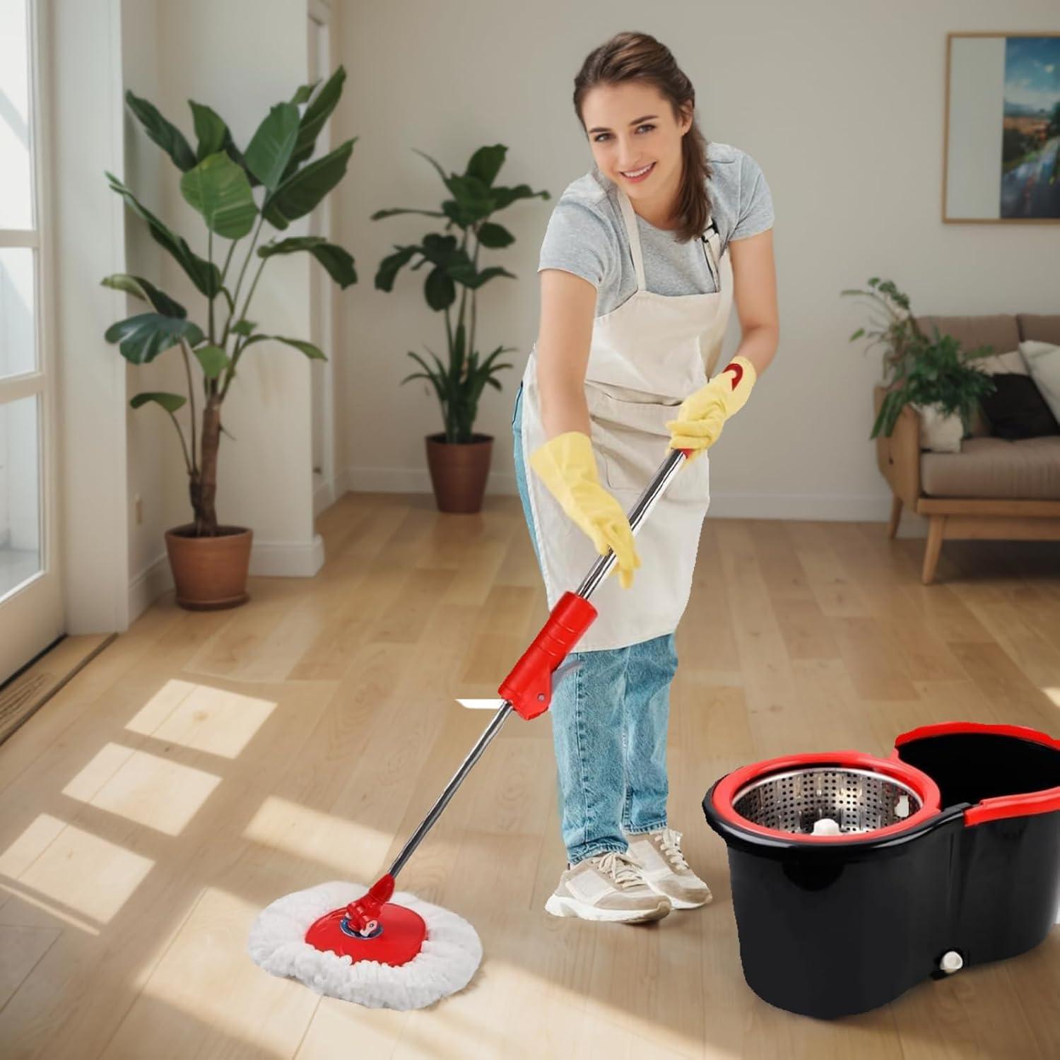 Spin Mop and Bucket Set, 360° Spin Mop and Bucket with Wringer Set and 3 Microfiber Mop Replacement Heads Refills, 61" Stainless Steel Extended Handle Spinning Mop Bucket System for Floor Cleaning