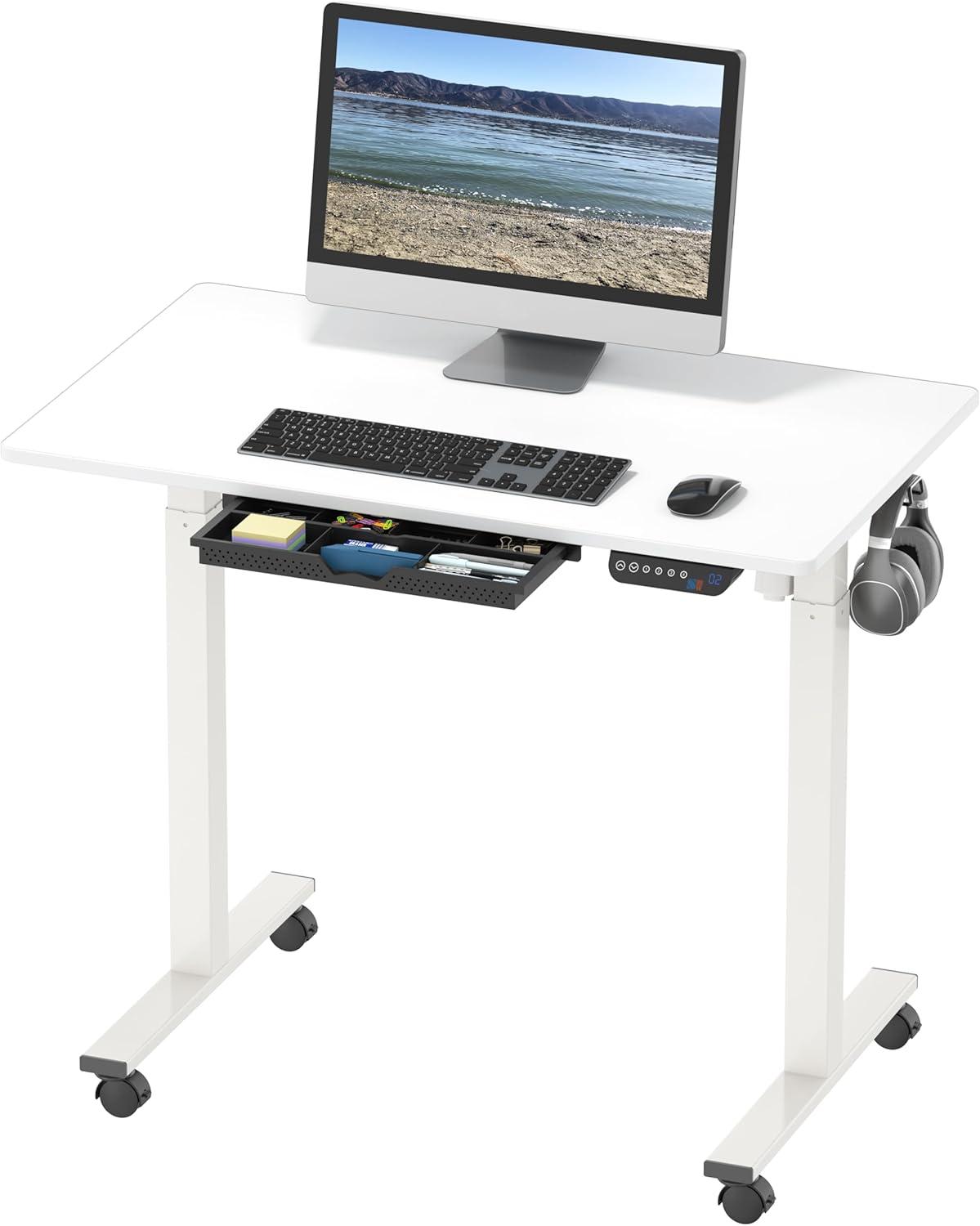 White Adjustable Height Standing Desk with Drawer and Wheels