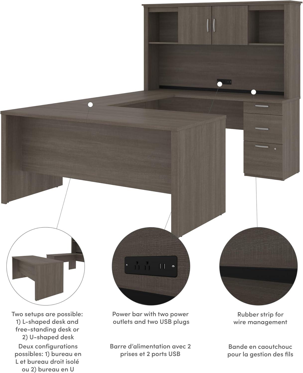 Bestar Logan 66W U or L-Shaped Executive Office Desk with Pedestal and Hutch in bark grey