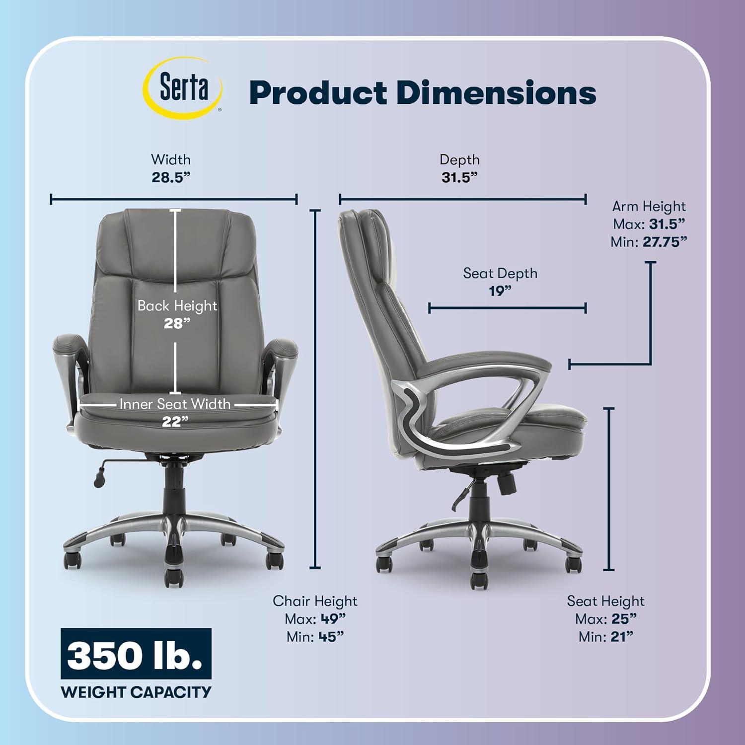 Big and Tall Executive Office Chair Opportunity Gray - Serta: Heavy-Duty, Ergonomic with Lumbar Support, Fixed Arms