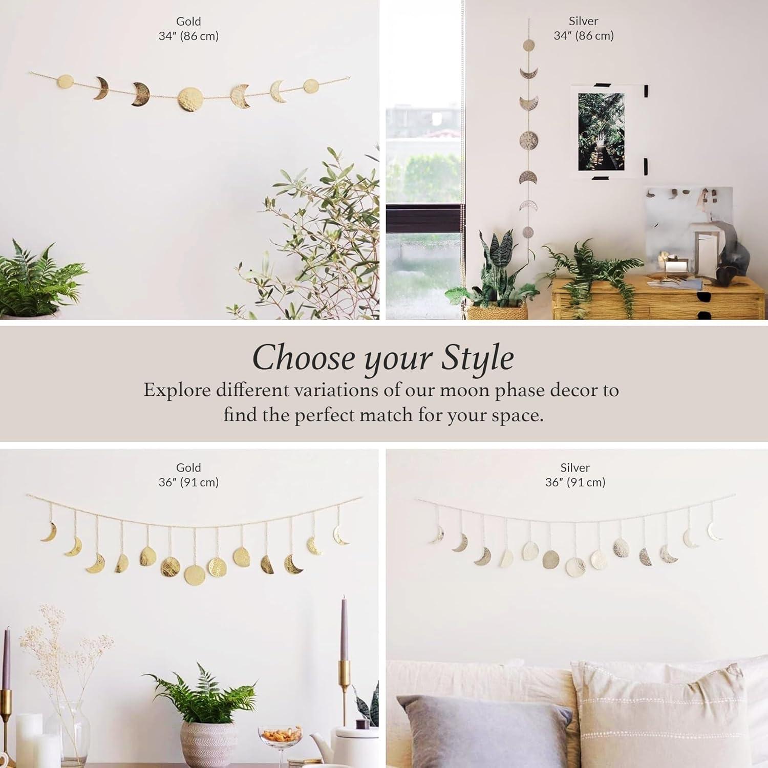 Elegant Bohemian Aesthetic, Moon Phase Wall Decor With Glowing Phases, Handmade Hammered Gold Metal Vertical Wall Art For Shelves, Bedside Tables, Mirrors