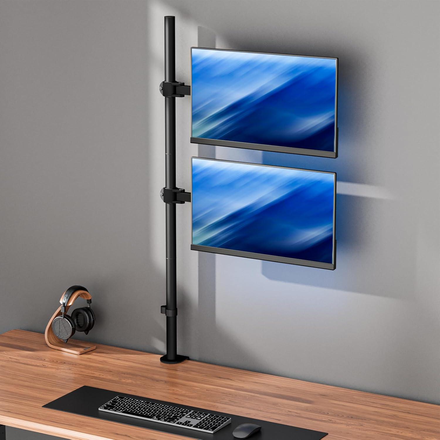 Black Dual Vertical Monitor Desk Mount with Adjustable Arms