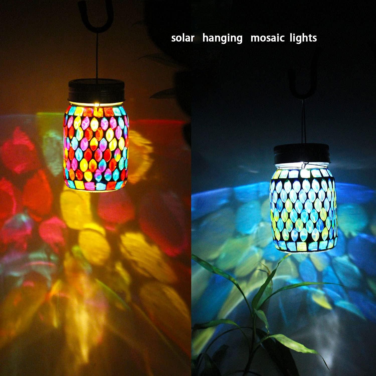 Colorful Mosaic Glass Solar Hanging Lanterns with LED Lights