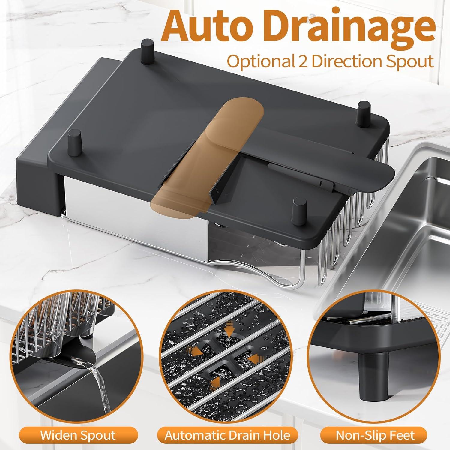 Dish Drying Rack - 304 Large Stainless Steel Dish Drainer for Kitchen Counter, Multifunctional Rust Resistant Kitchen Organizer and Easy Cleaning Storage Rack with Cutlery Holder Drip Tray