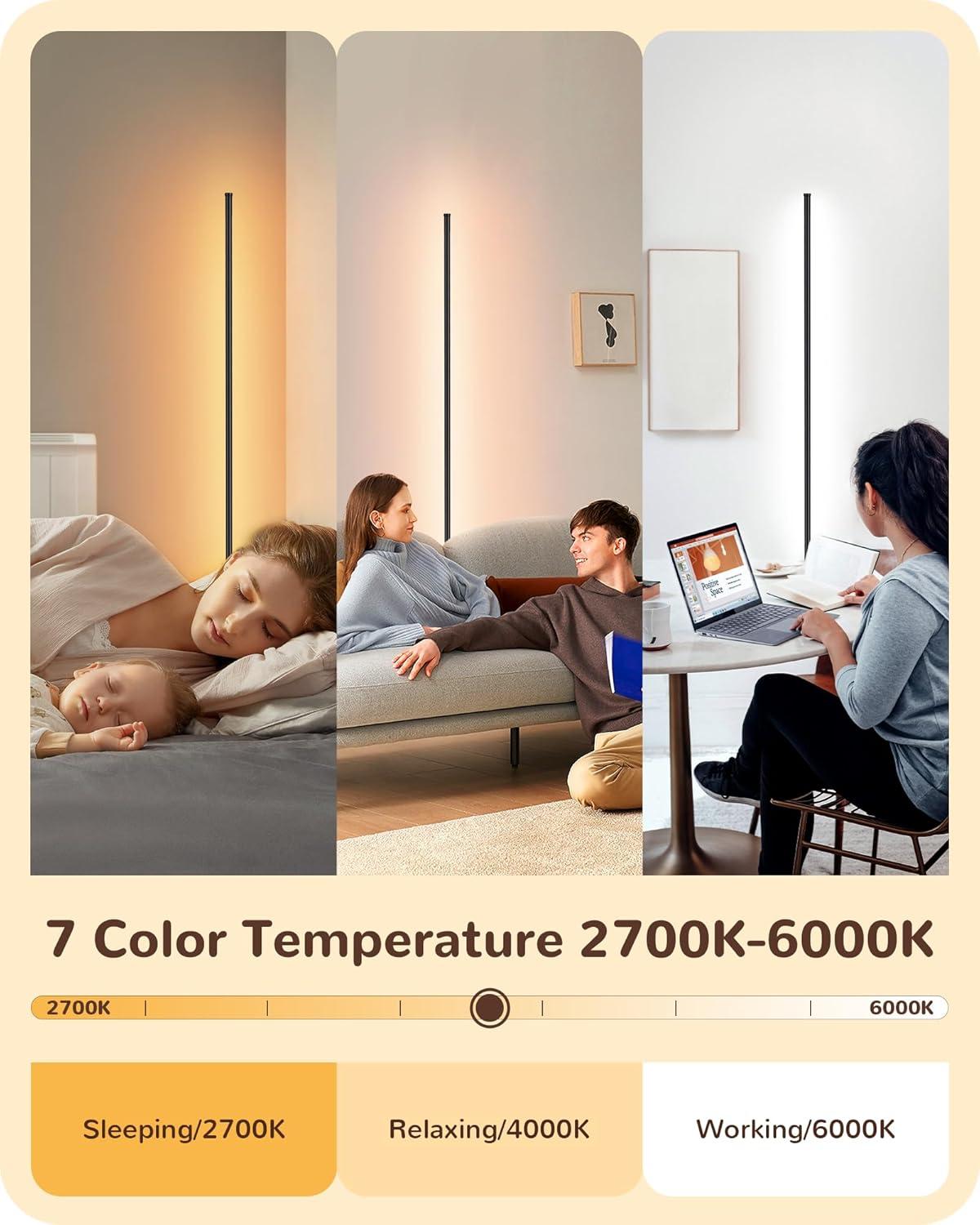 EDISHINE LED Corner Modern Floor Lamp with Remote Set of 2, Minimalist Dimmable Mood Lighting, 7CCT, Standing Clearance Floor Lamps for Living Room, Bedroom, Office, Black