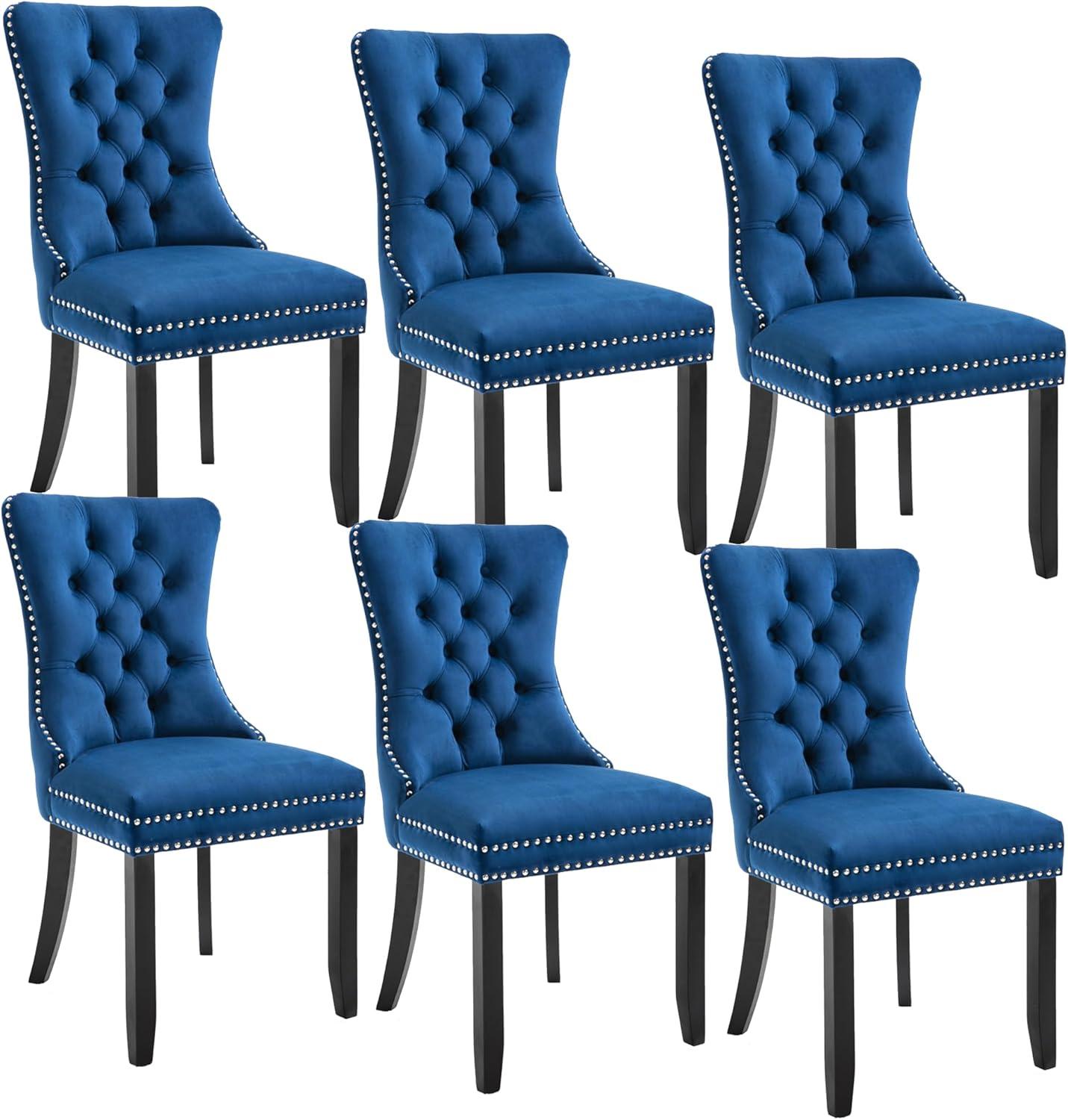 Tzicr Tufted Dining Chairs Set of 6, Upholstered Dining Chairs with Nailhead Back, Nailhead Trim, Velvet Dining Chairs for Kitchen/Bedroom/Dining Room(Blue)