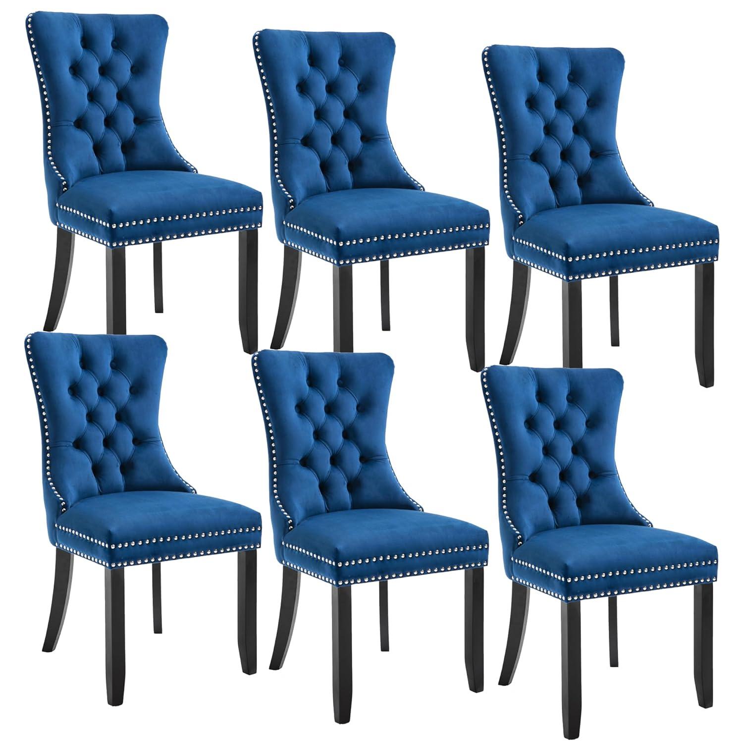 Tzicr Tufted Dining Chairs Set of 6, Upholstered Dining Chairs with Nailhead Back, Nailhead Trim, Velvet Dining Chairs for Kitchen/Bedroom/Dining Room(Blue)