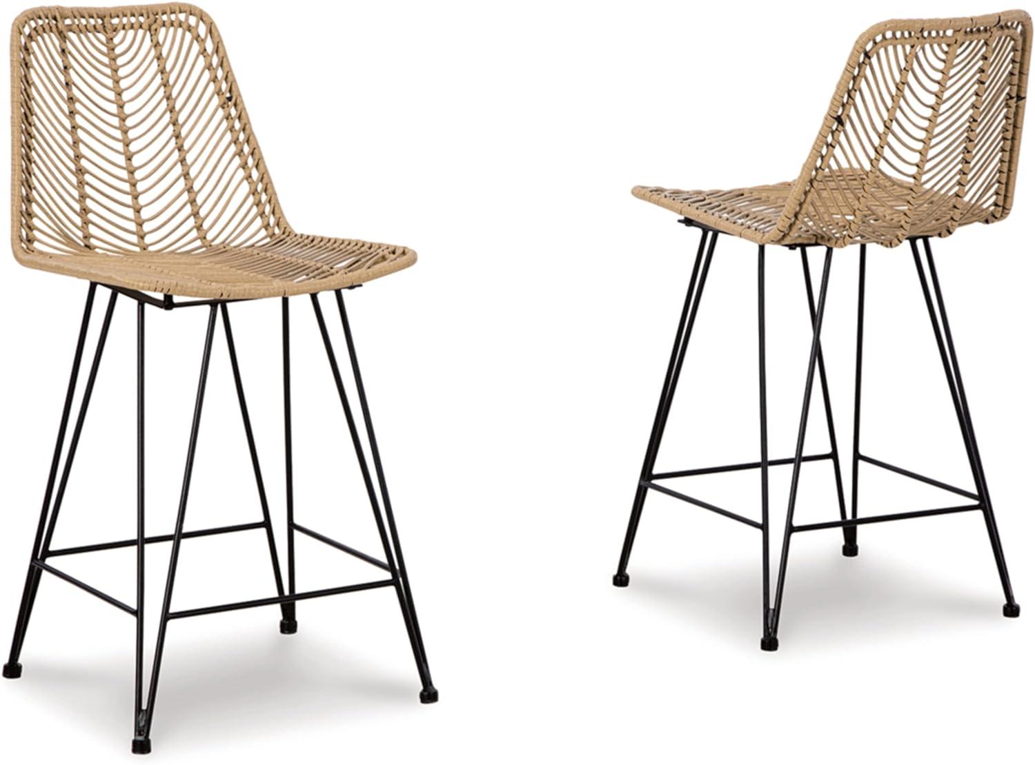 Natural and Black Wicker Counter Height Bar Stools, Set of 2