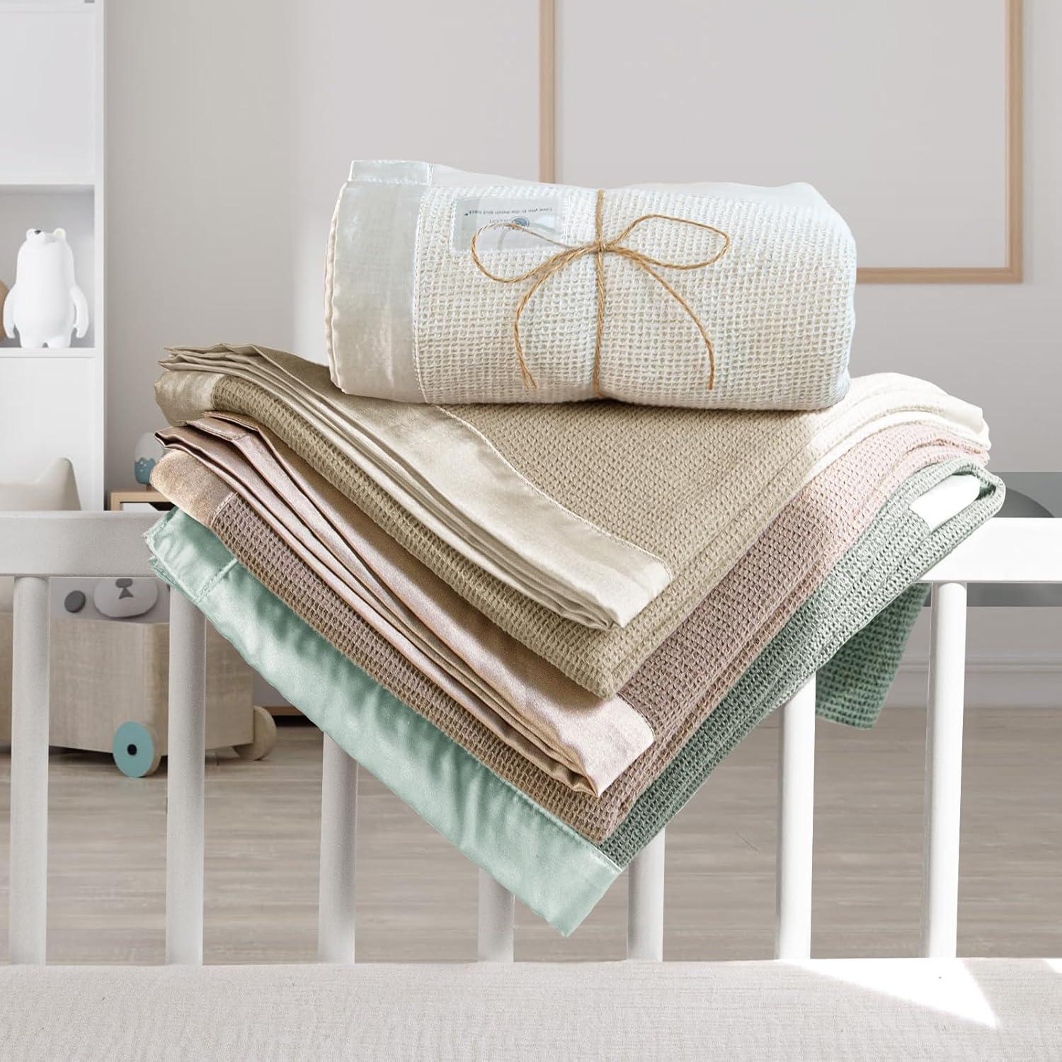 Lulu moon Swaddle Baby Blanket: Waffle Blanket with Satin Trim - Soft Breathable Toddler Blanket Perfect for Nursing Cover and Playtime - Cotton Crib Blanket for Daytime Naps 40"x36"(Sage)