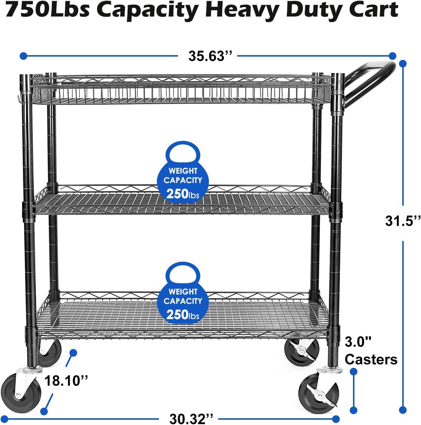 Heavy Duty 3 Tier Rolling Utility Cart Kitchen Cart on Wheels Metal Serving Cart Commercial Grade with Wire Shelving and Handle Bar for Kitchen Office Hardware