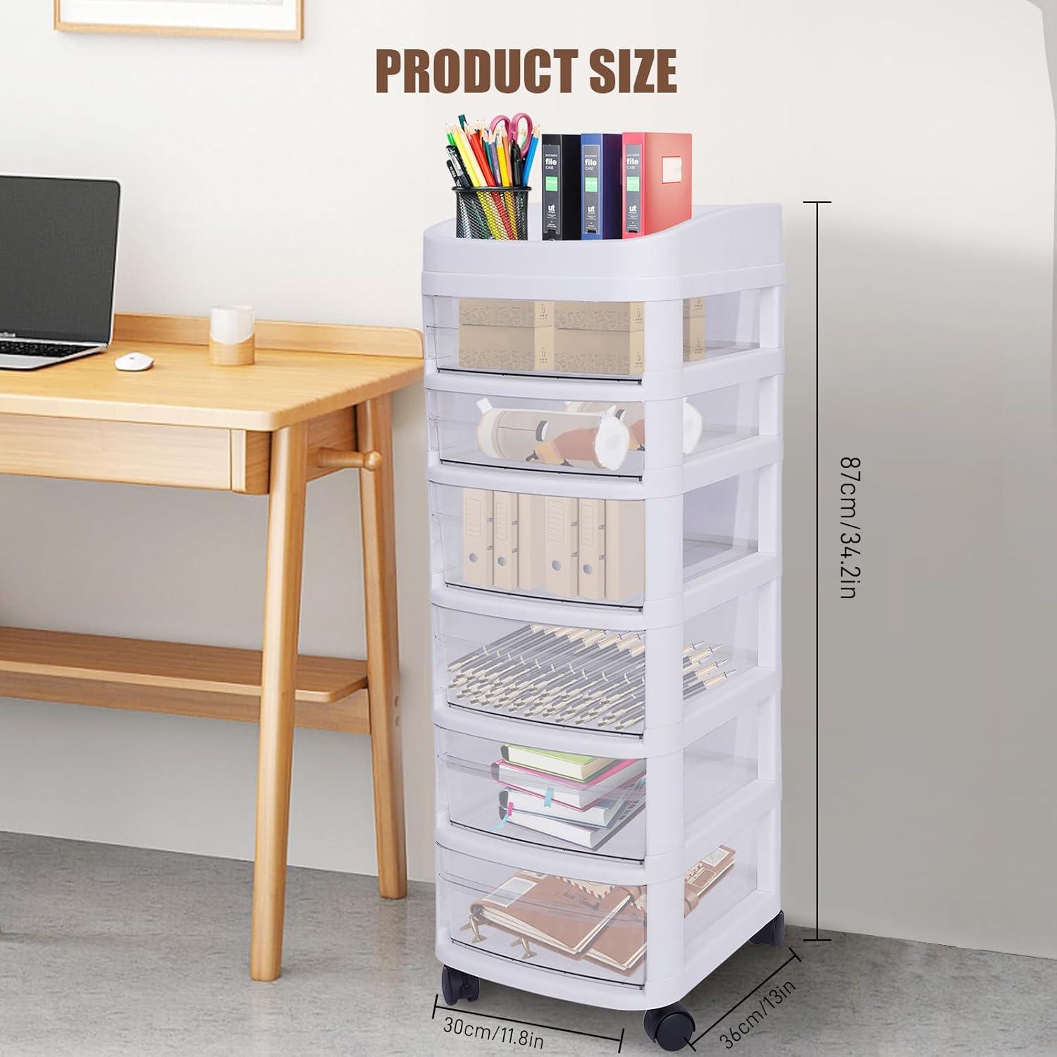 White 6-Tier Plastic Rolling Storage Cart with Clear Drawers