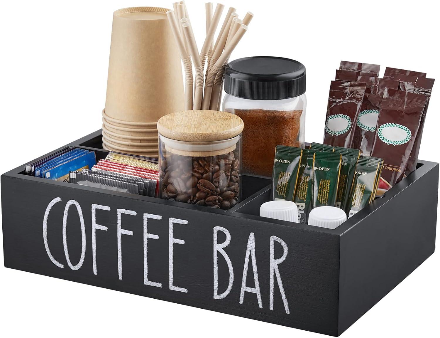 Coffee Station Organizer With Removable Dividers - Wood Bar Accessories Organizer For Countertop - Pod Holder Basket For Sugar Tea - Black Table Decor