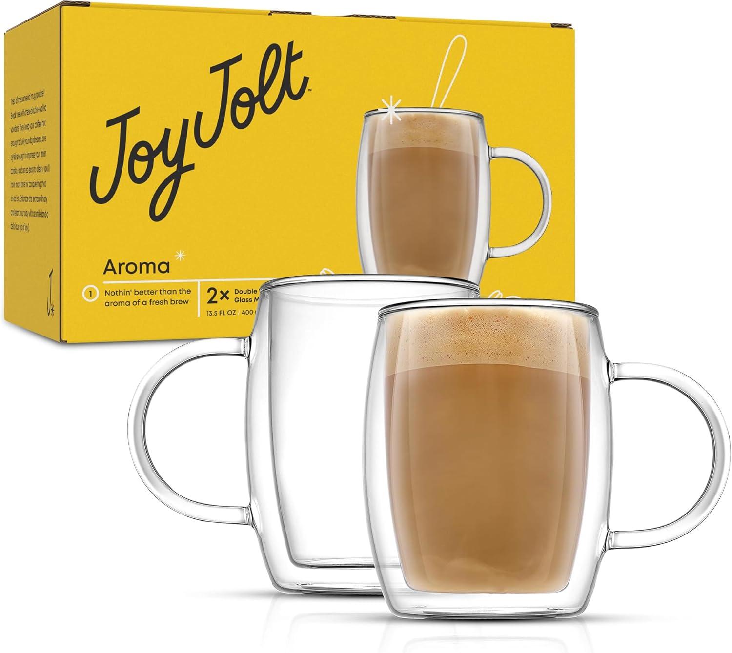 JoyJolt Aroma Double Walled Insulated Glasses - Set of 2 Double Wall Coffee Tea Glass Mugs - 13.5 oz