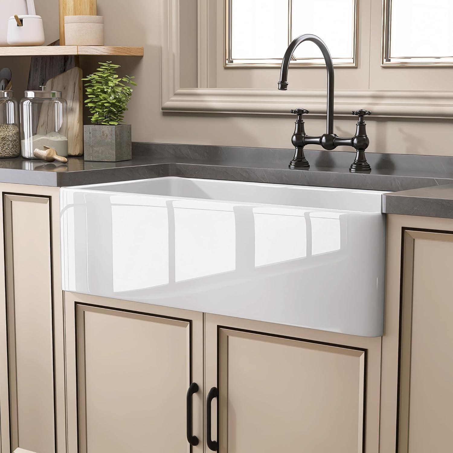 Farmhouse Sink 36 inch X 18 inch White Fireclay Apron Undermount Kitchen Farm Sink Single Bowl Large Big Modern Farmer Sinks with Luxury Accessories