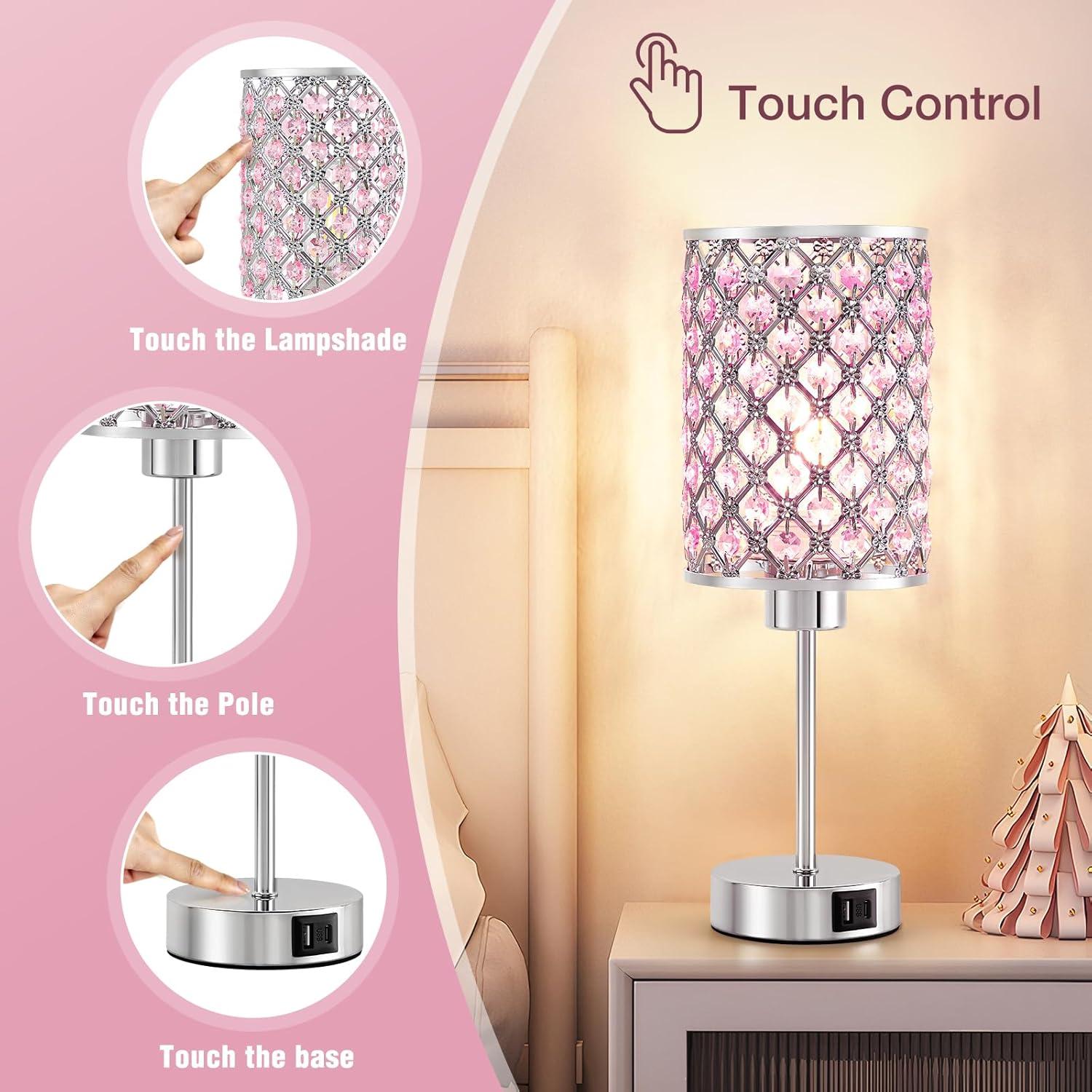 Crystal Table Lamp, Pink Touch Lamp with USB C+A Ports, 3 Way Dimmable with Crystal Shade, Small Bedside Lamps for Girl Bedroom, Living Room(Buld Included)